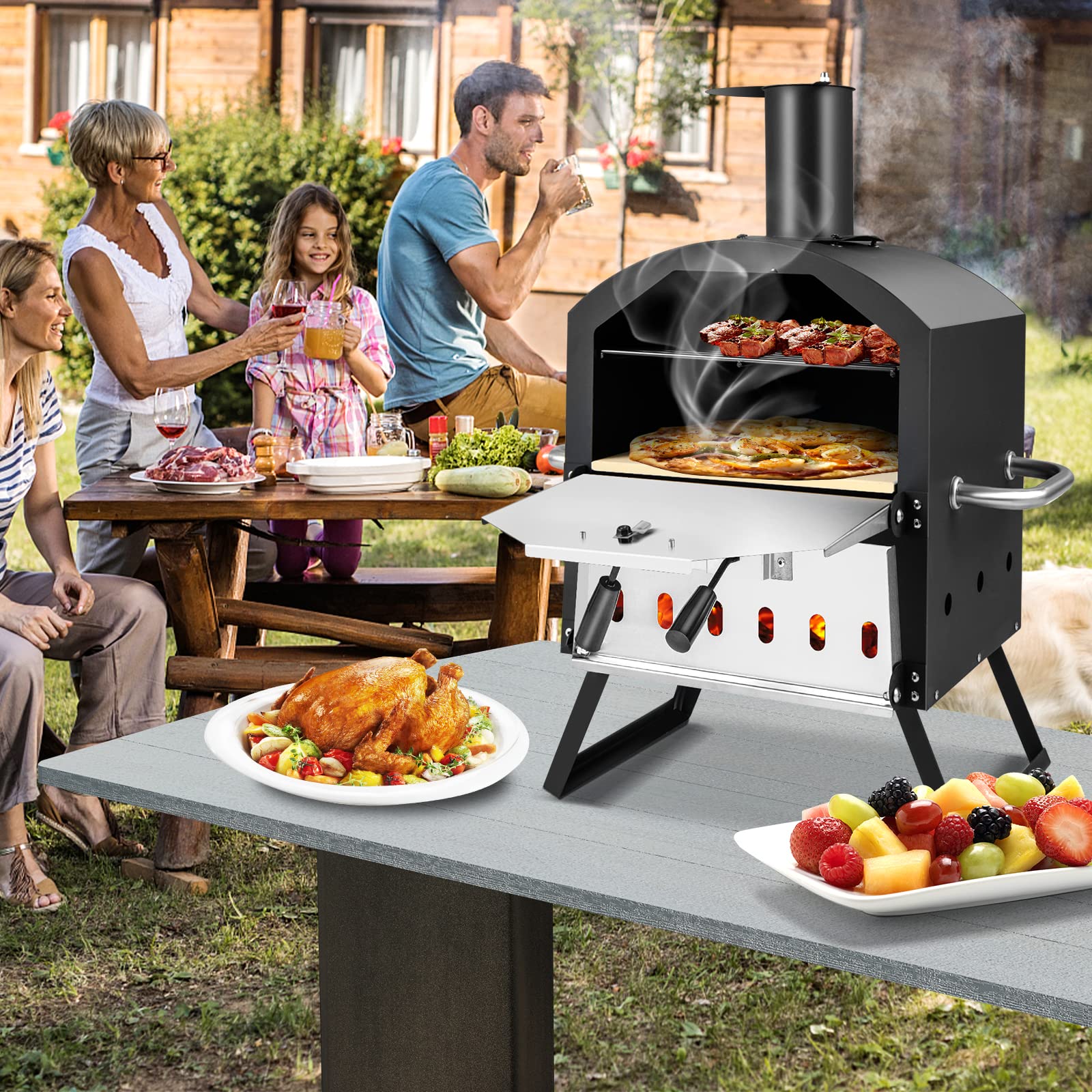 Giantex Outdoor Pizza Oven Wood Fired, 2-Layer Pizza Maker with Pizza Stone, Pizza Peel (Black)