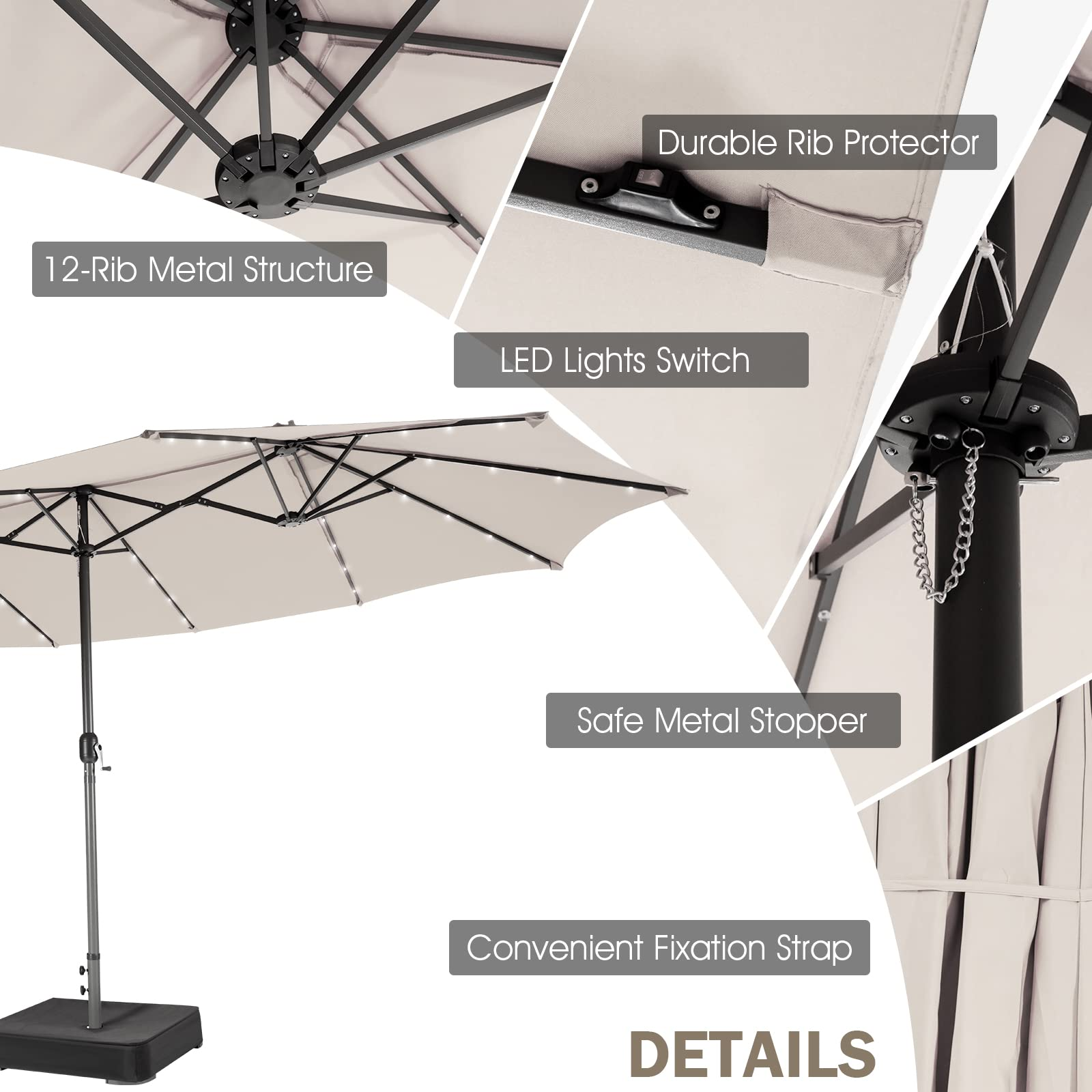 Giantex 15 FT Double Patio Umbrellas with 48 Solar LED Lights, Extra-Large Rectangle Umbrella