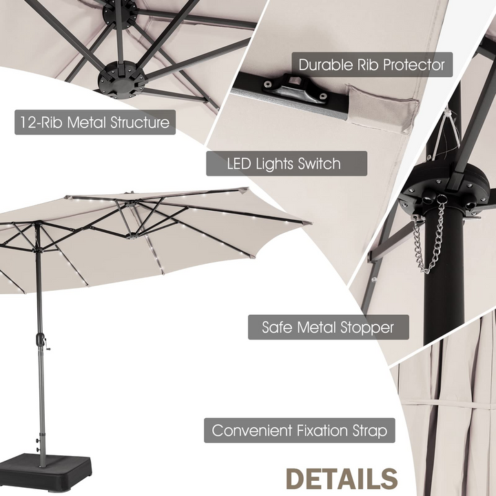 Giantex 15 FT Double Patio Umbrellas with 48 Solar LED Lights, Extra-Large Rectangle Umbrella