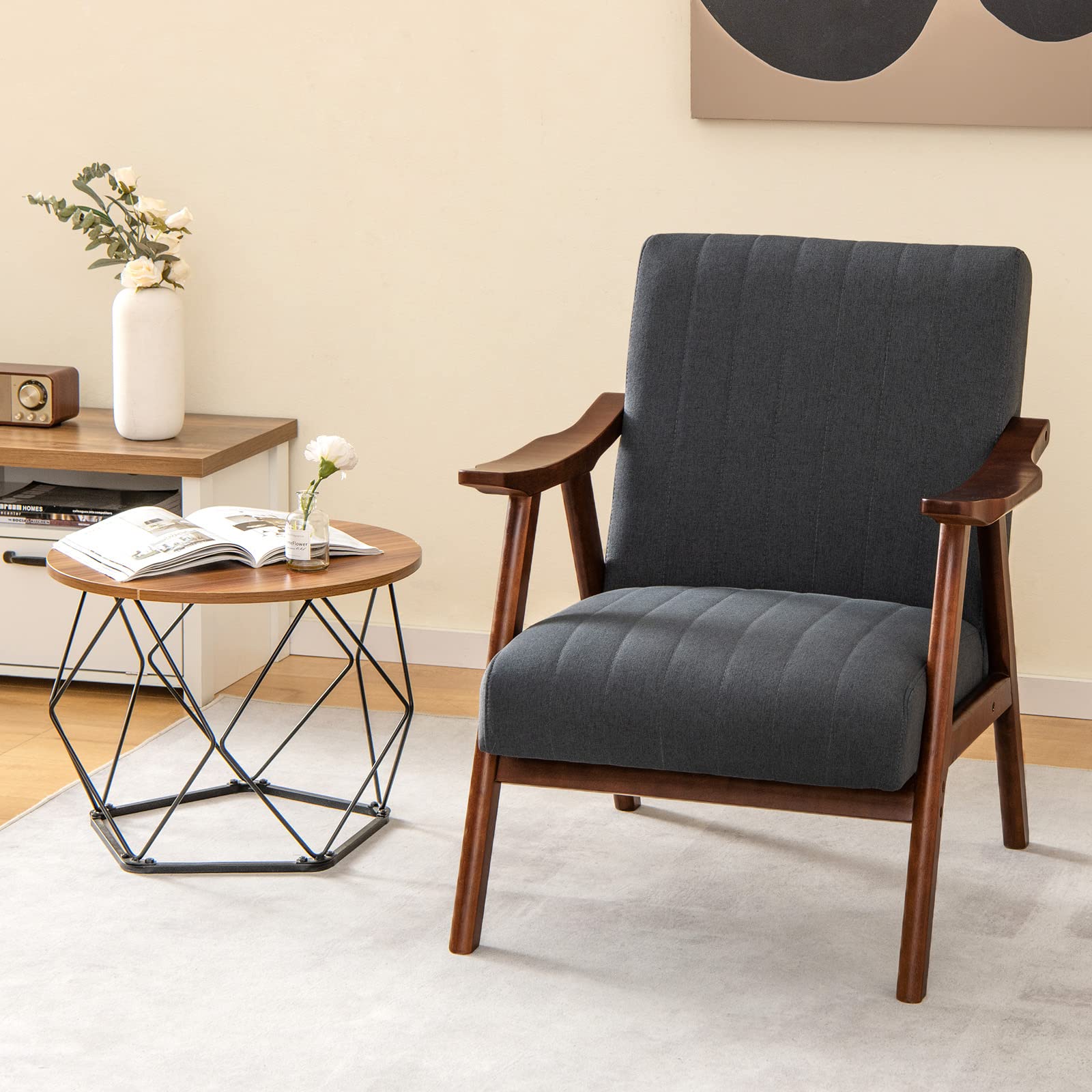 Giantex Mid-Century Modern Accent Chair - Comfy Upholstered Lounge Chair with Arms, Anti-Slip Felt Pads