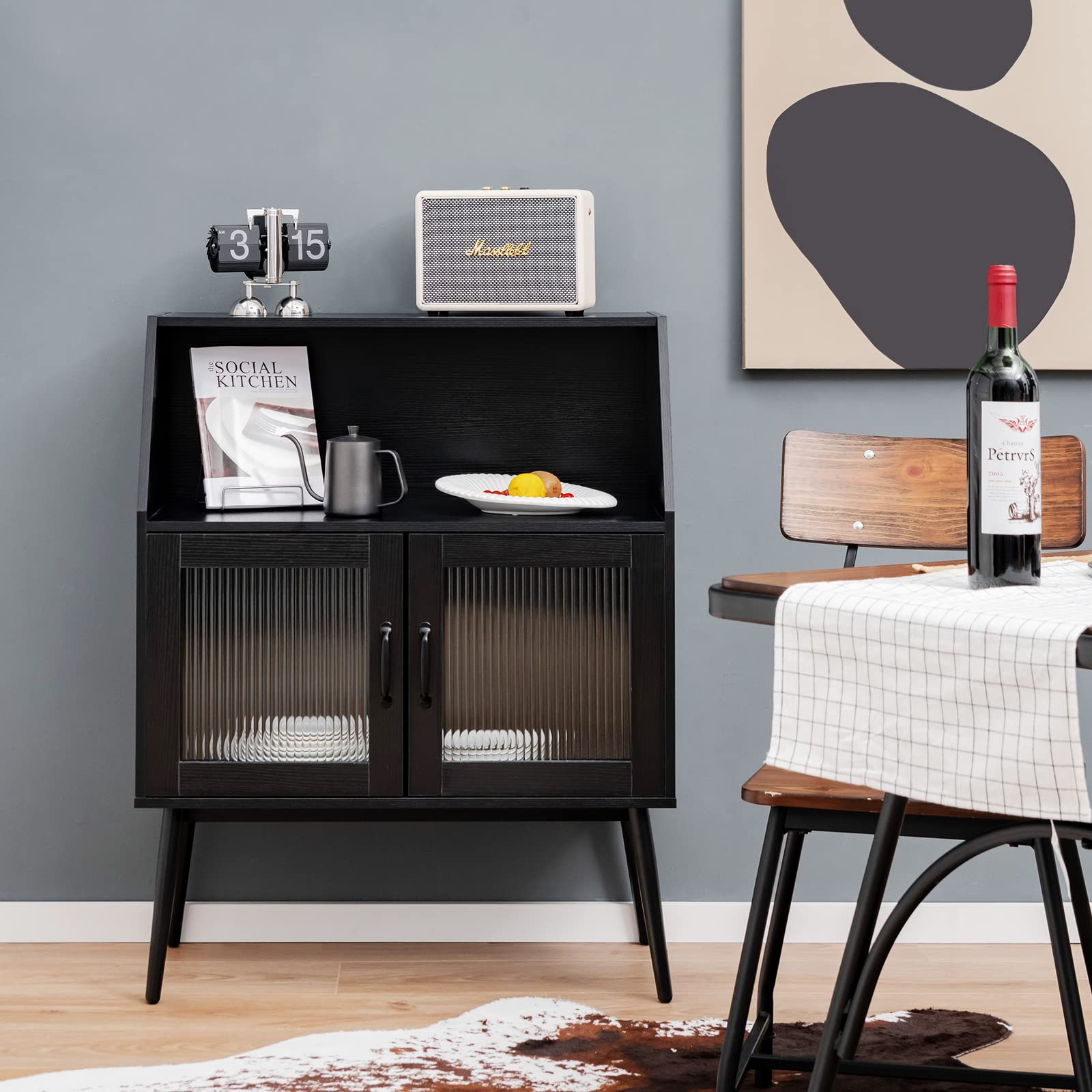 Giantex Buffet Cabinet with Storage, Farmhouse Sideboard with Open Shelves & Tempered Glass Door