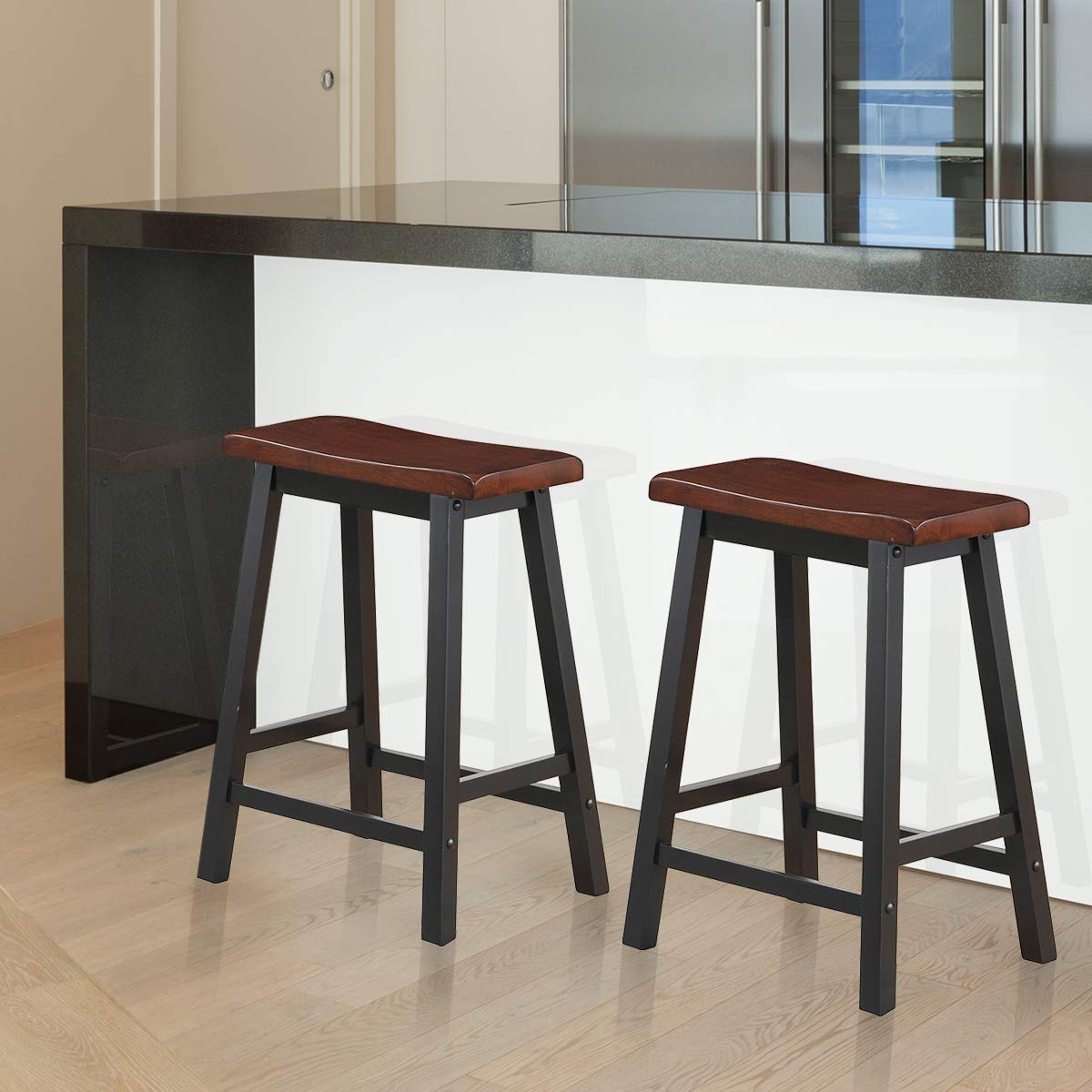 Giantex Set of 2 Saddle Seat Stools, Wood Vintage Counter Height Chairs