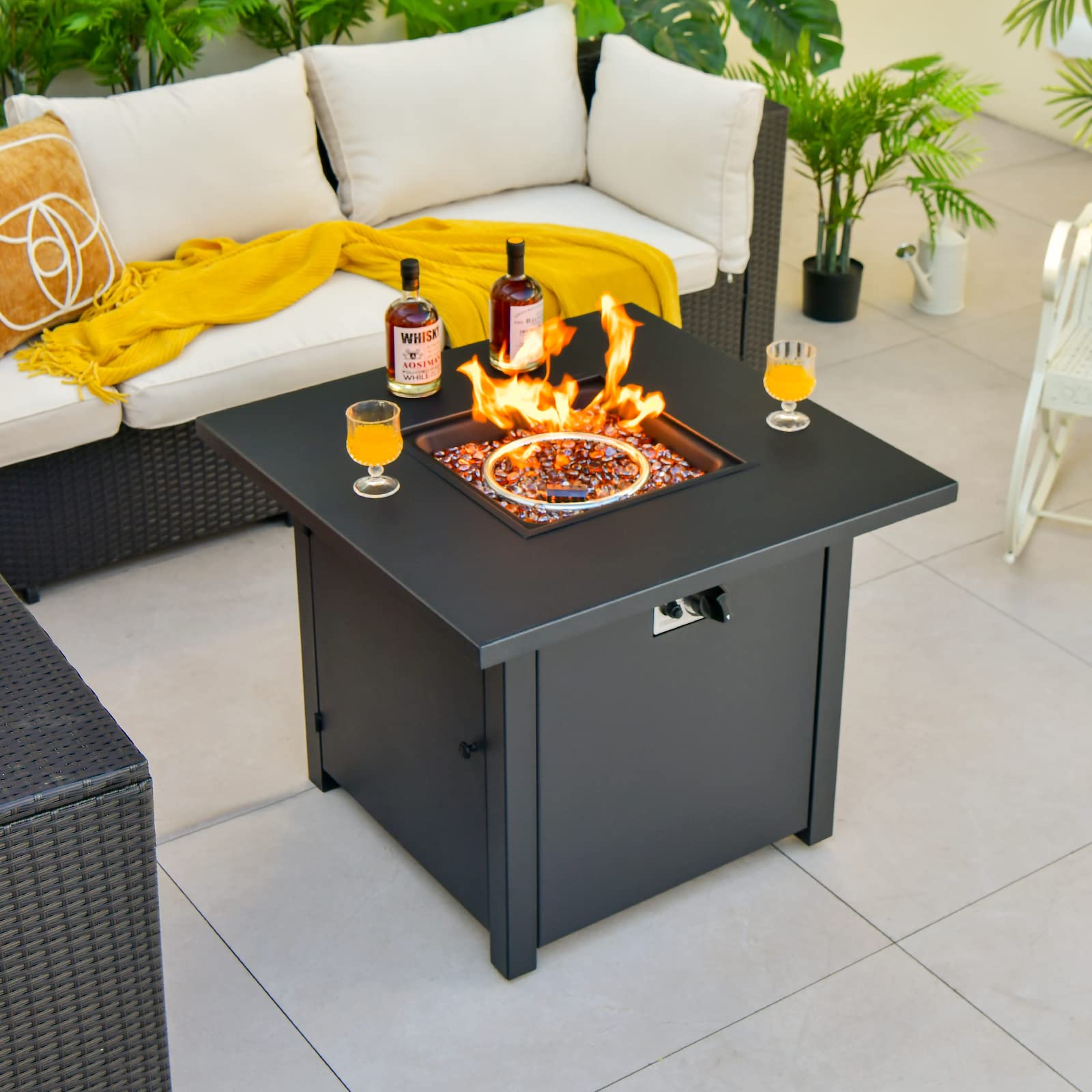 Giantex 32" Patio Propane Fire Table - 50,000 BTU Square Metal Fire Table with Lid, PVC Cover, Glass Stones