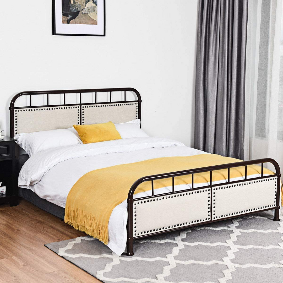 Queen Size Vintage Metal Platform Bed with Button Tufted Headboard & Footboard