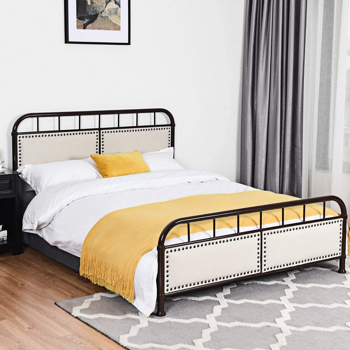 Queen Size Vintage Metal Platform Bed with Button Tufted Headboard & Footboard
