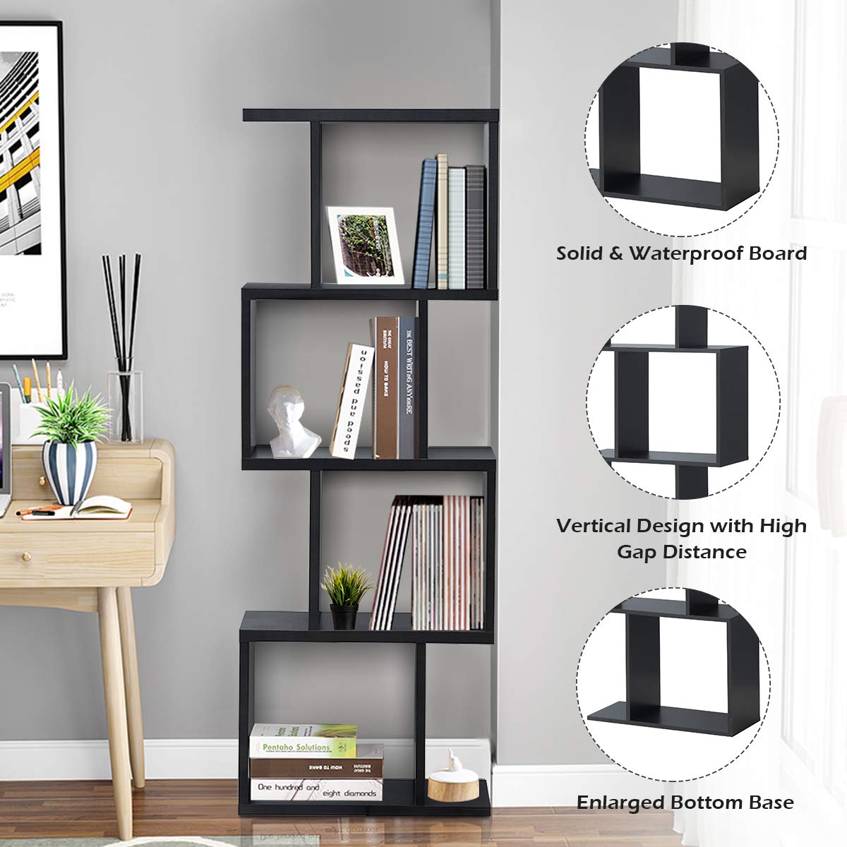 4 Tier Bookshelf S Shaped Bookcase, Multifunctional Wooden Display Decor Furniture