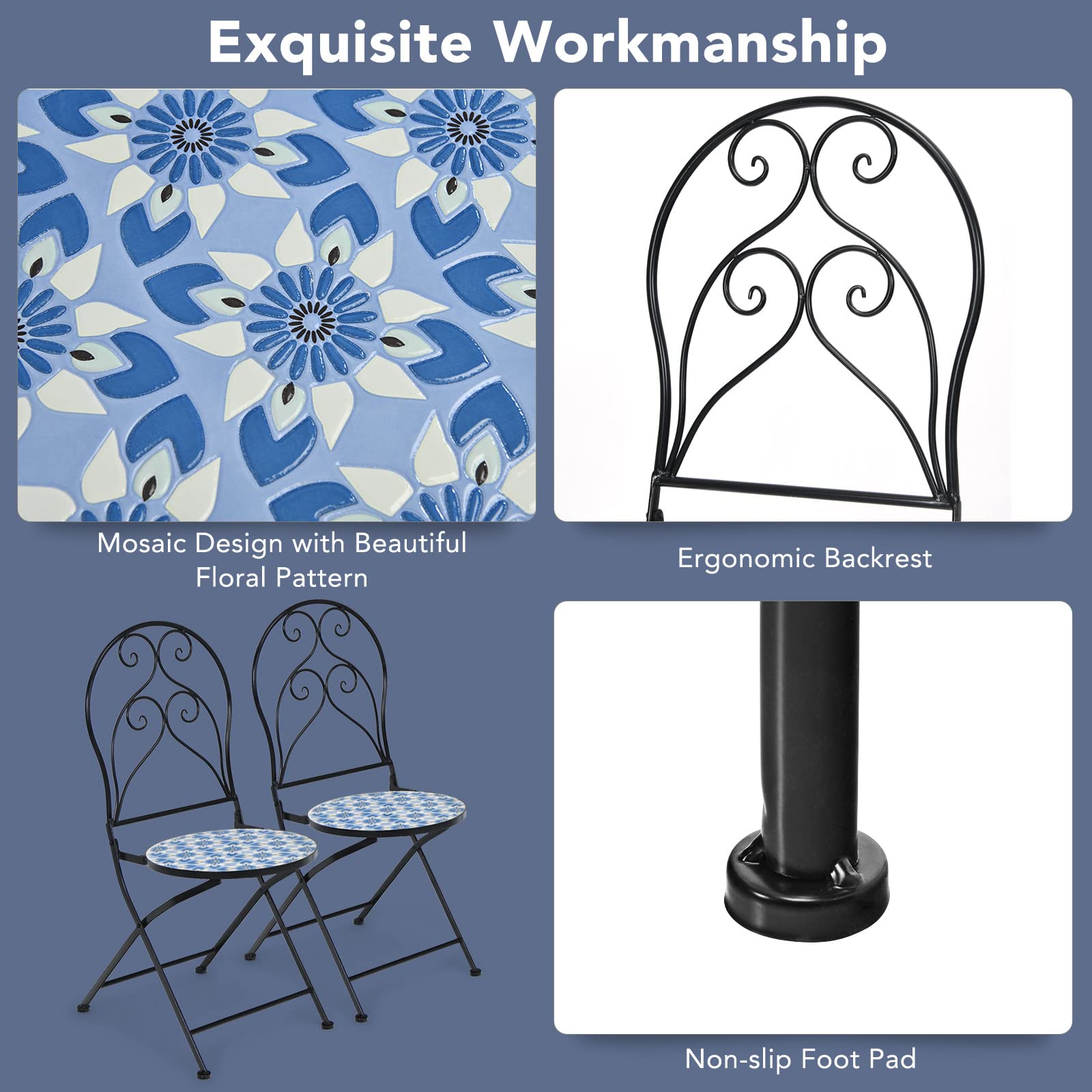 Giantex 2 Pieces Folding Bistro Chairs, Mosaic Patio Chairs with Ceramic Tiles Seat and Exquisite Floral Pattern