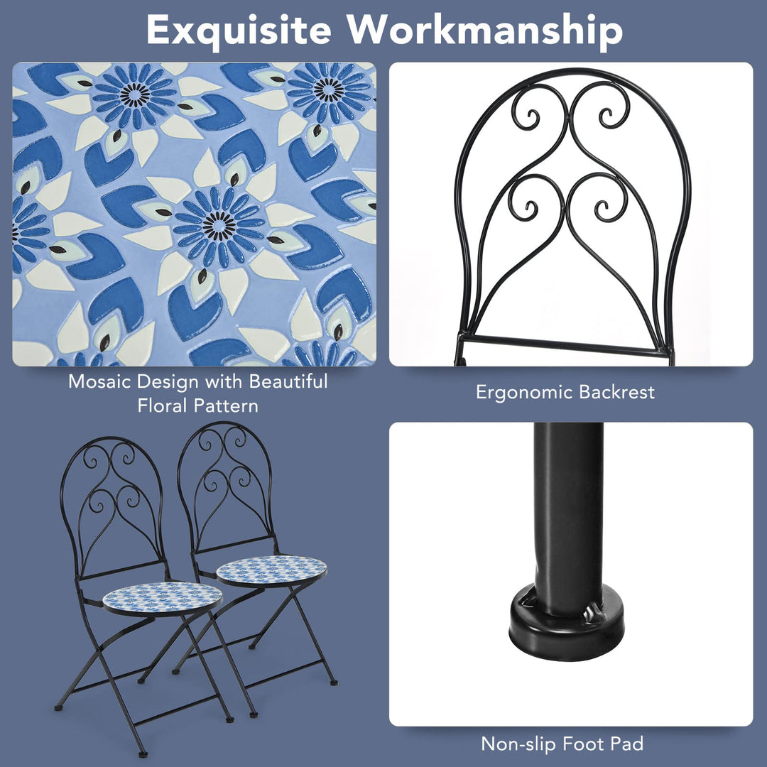 Giantex 2 Pieces Folding Bistro Chairs, Mosaic Patio Chairs with Ceramic Tiles Seat and Exquisite Floral Pattern