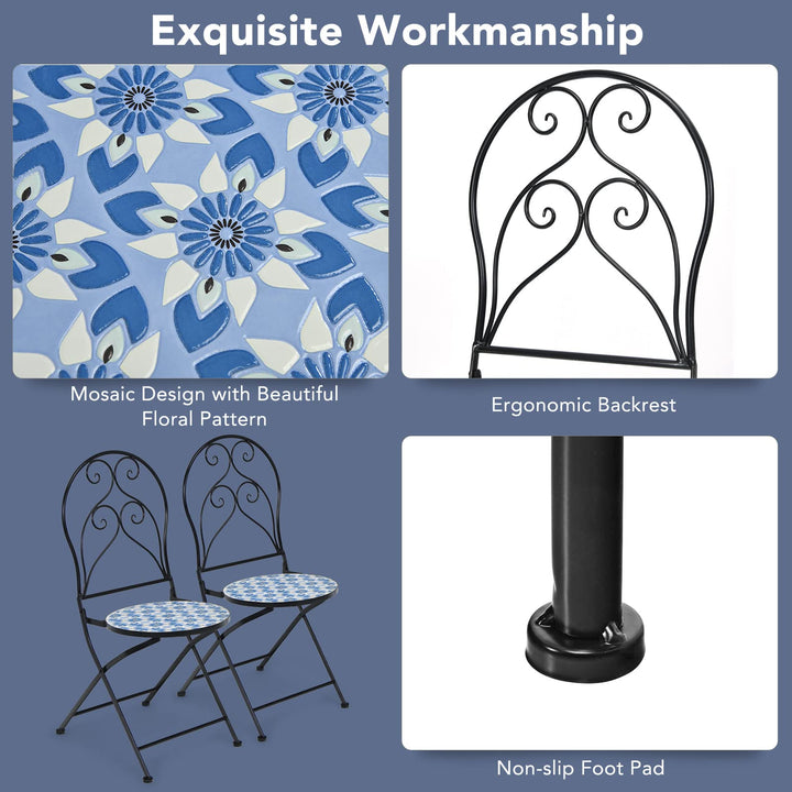 Giantex 2 Pieces Folding Bistro Chairs, Mosaic Patio Chairs with Ceramic Tiles Seat and Exquisite Floral Pattern