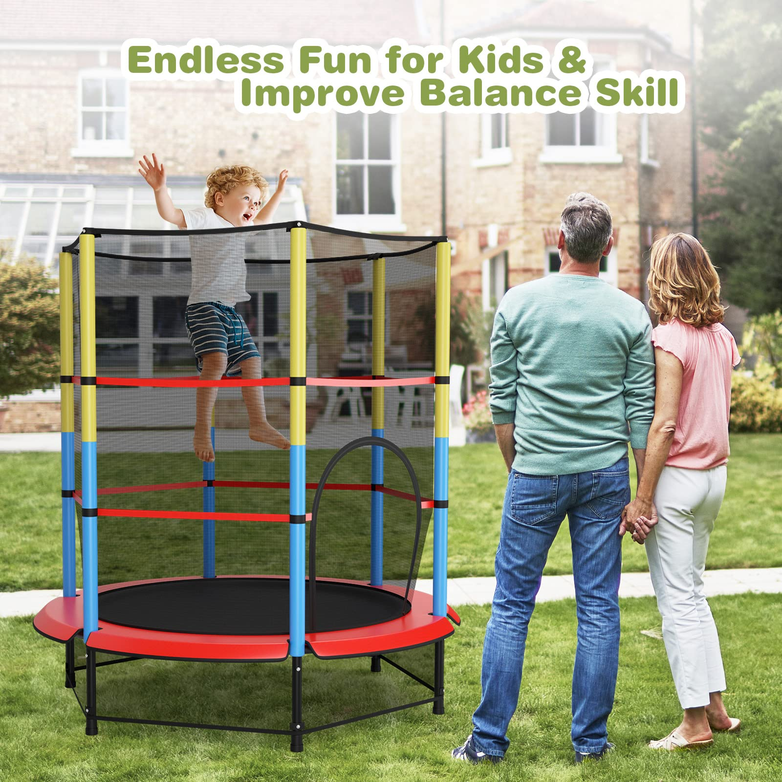 55" Kids Trampoline  with Safety Enclosure Net & Spring Pad