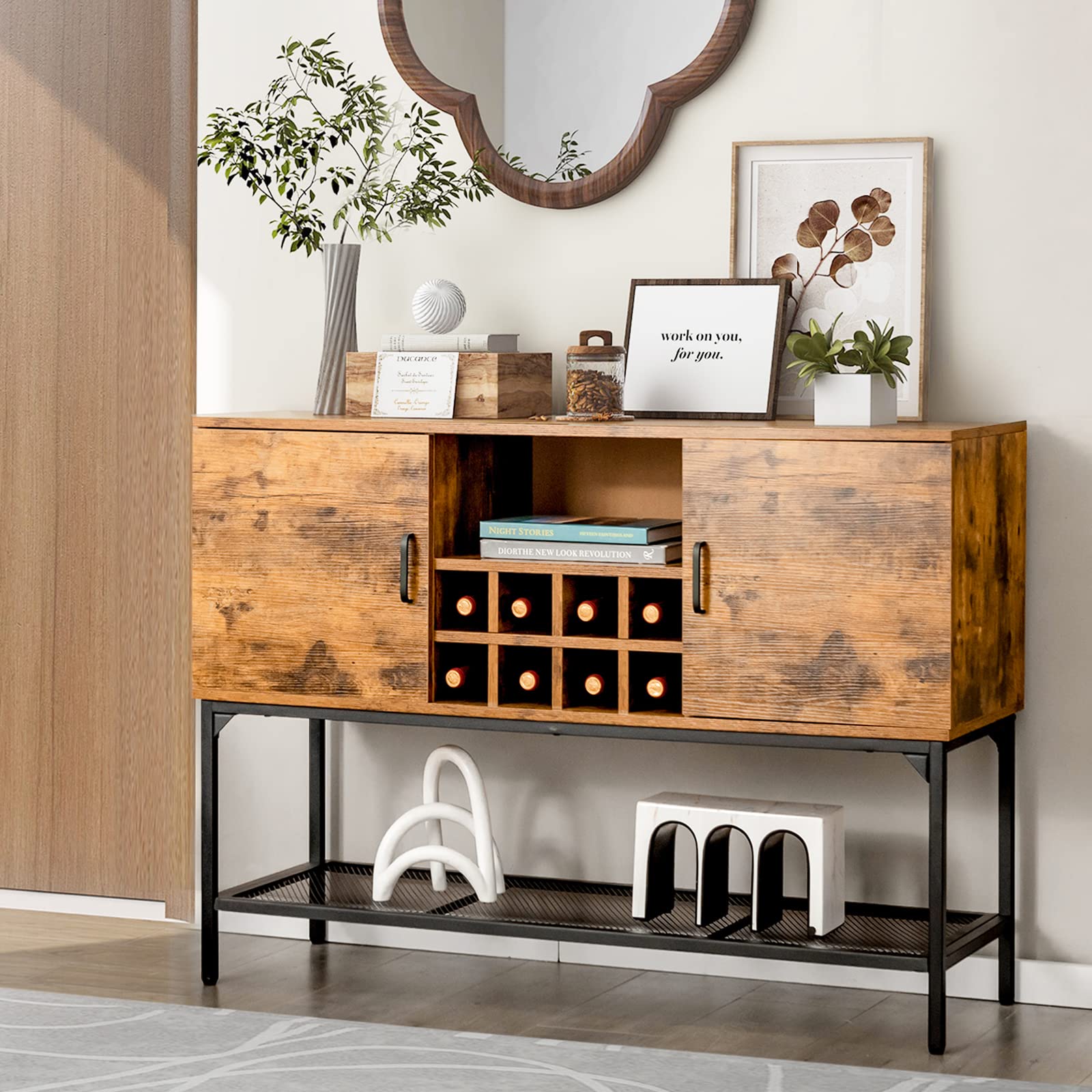 Giantex Industrial Buffet Sideboard, Freestanding Kitchen Cupboard with Wine Rack (Rustic Brown & Black)