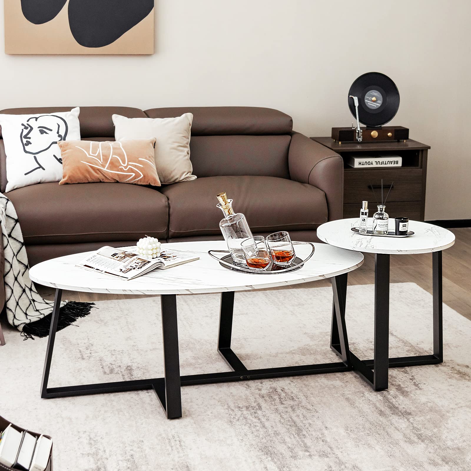 Giantex Nesting Coffee Table Set of 2, Detachable Marble Coffee Table with Oval & Round Table(White & Black)