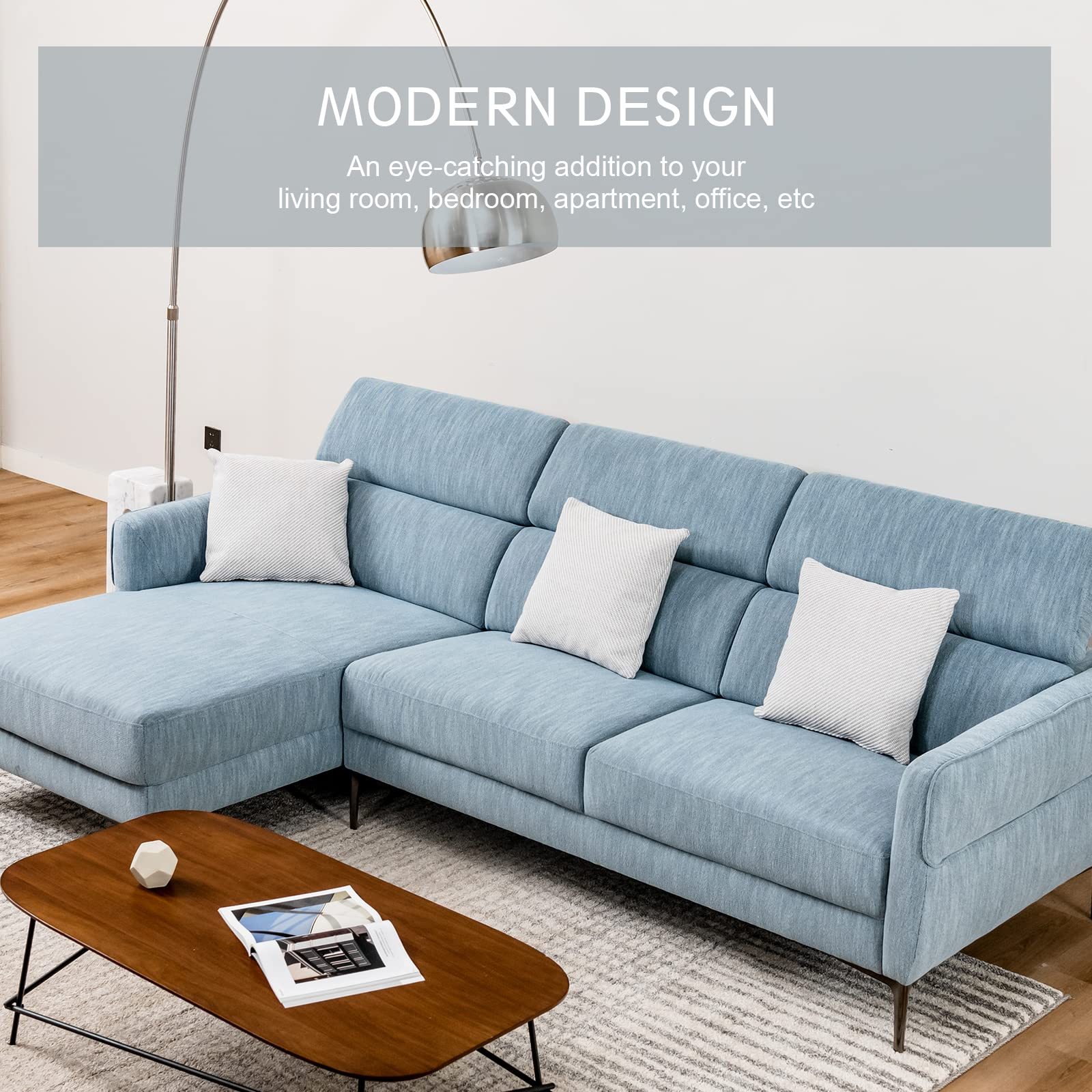 Giantex L-Shaped Sofa Couch, 3-Seat Upholstered Sofa with Wide Chaise Lounge, Adjustable Headrest, Blue