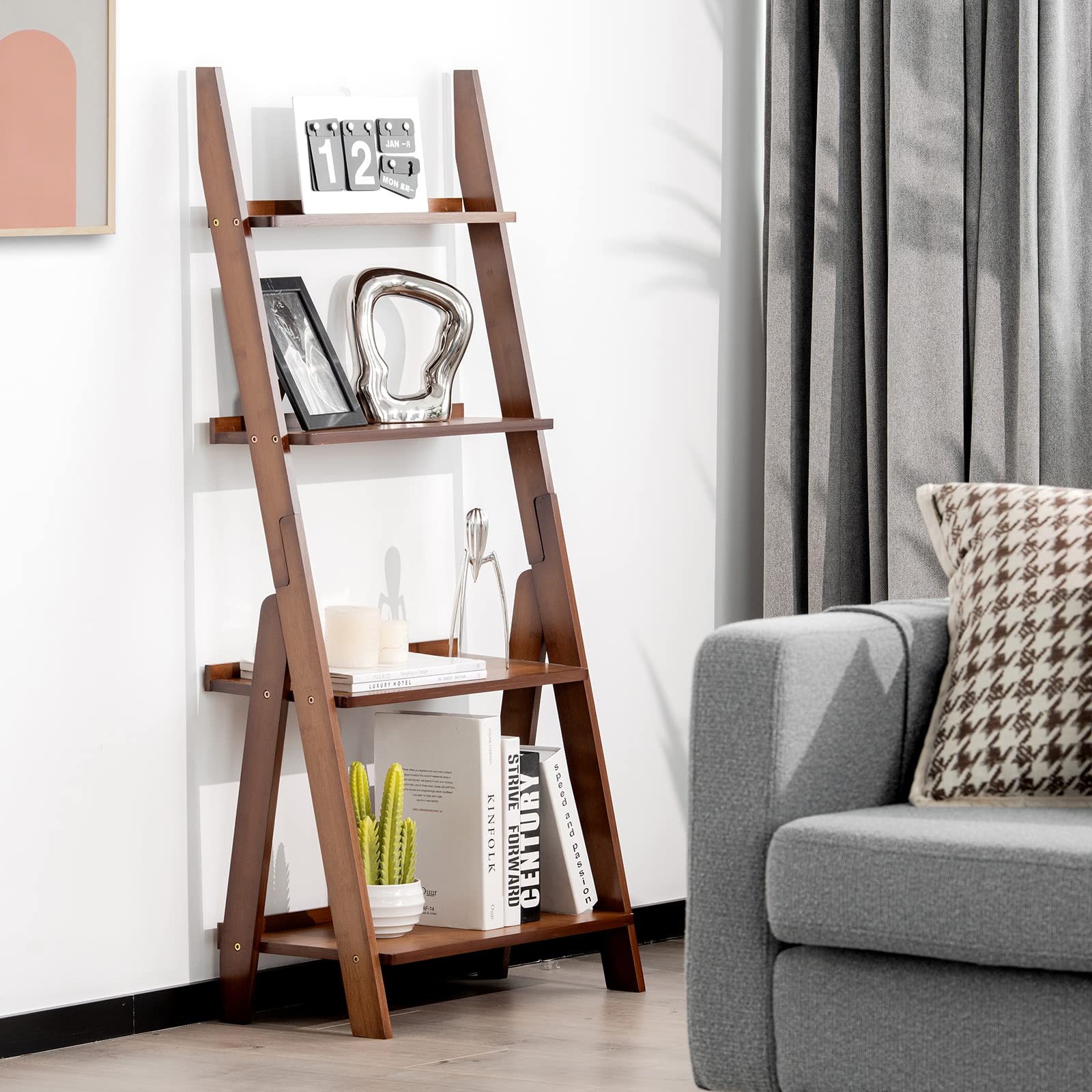 Giantex 4-Tier Bamboo Ladder Shelf, 21" x 12" x 47" Freestanding Display Leaning Storage Shelves