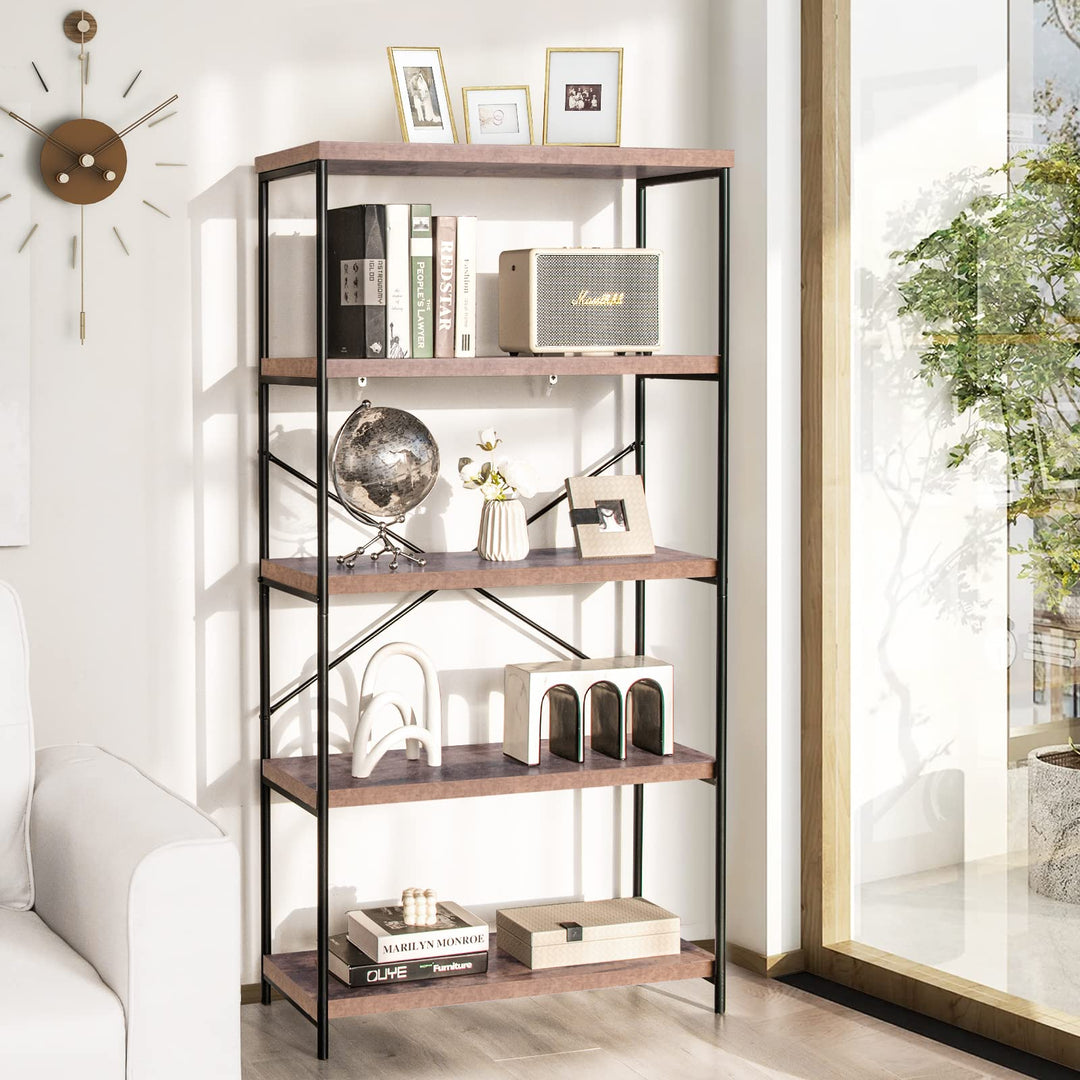 Giantex Industrial 5-Tier Wood Bookshelf - 63’’ Tall Open Storage Organizer Shelves with Anti-Tipping Device and Foot Pads