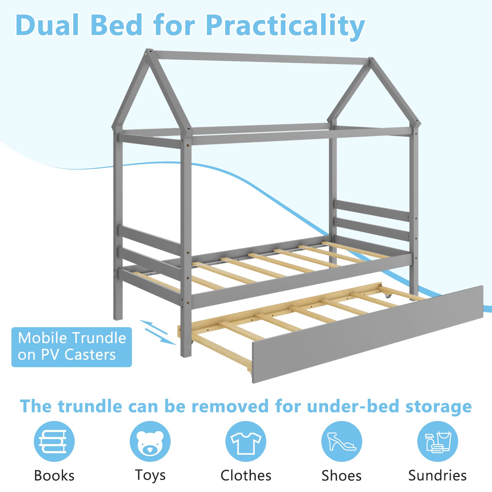 Giantex House Bed with Trundle, Solid Wood Twin Size Daybed for Girls & Boys