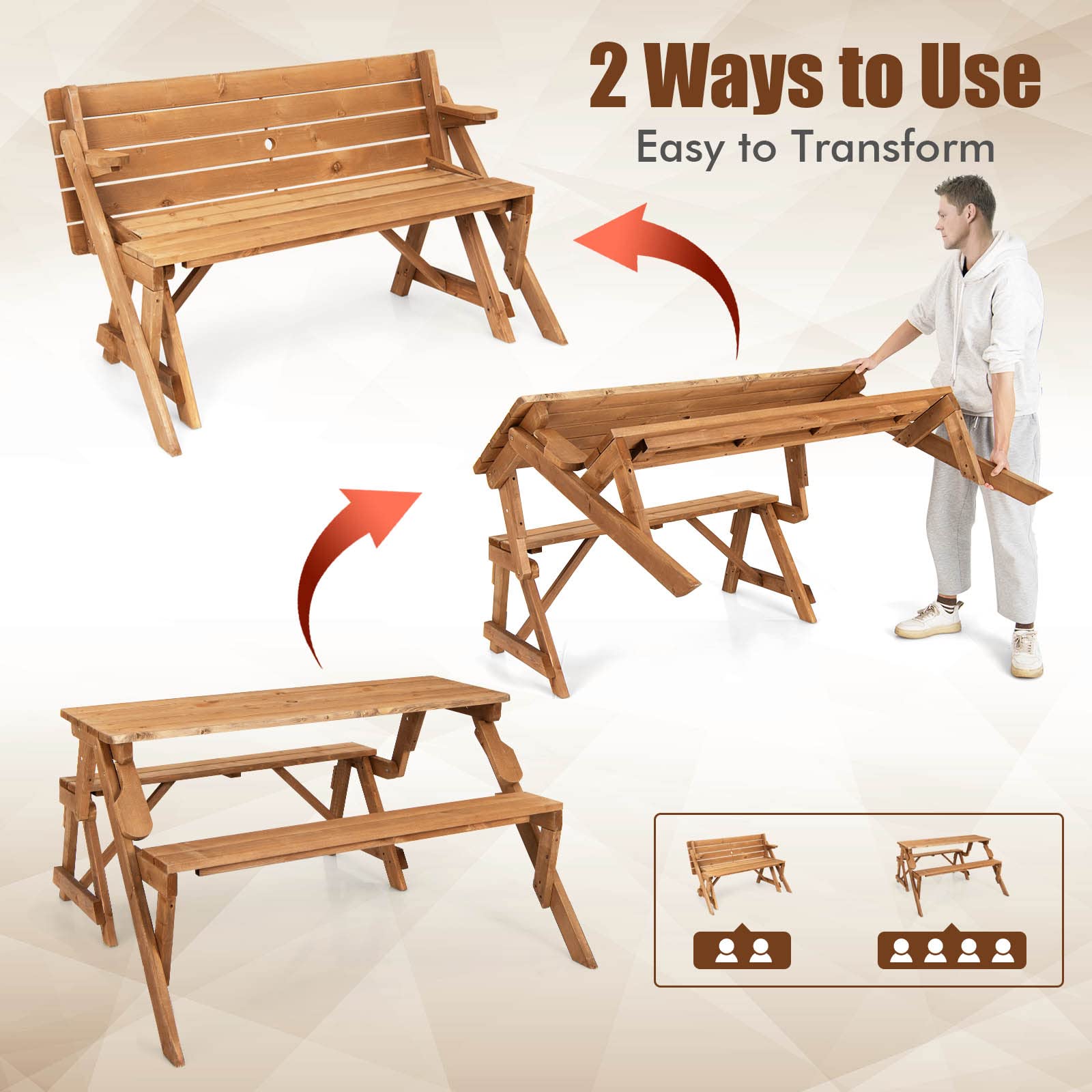 Giantex Wooden Picnic Table Set, 2 in-1 Folding Picnic Bench Set Transforming Interchangeable