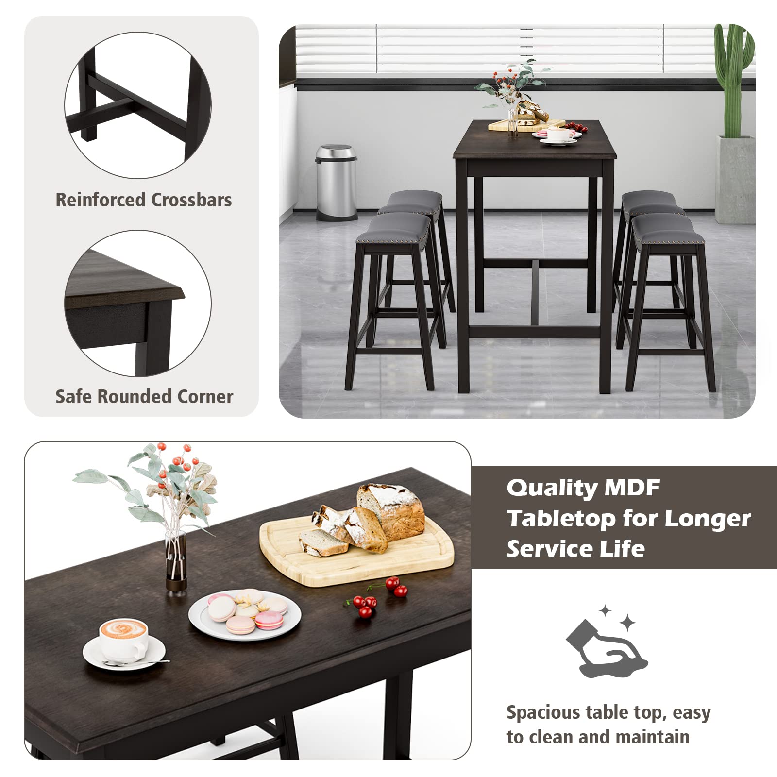 Giantex Dining Table Set for 4, Kitchen Counter Height Table w/ 4 Stools (Black)