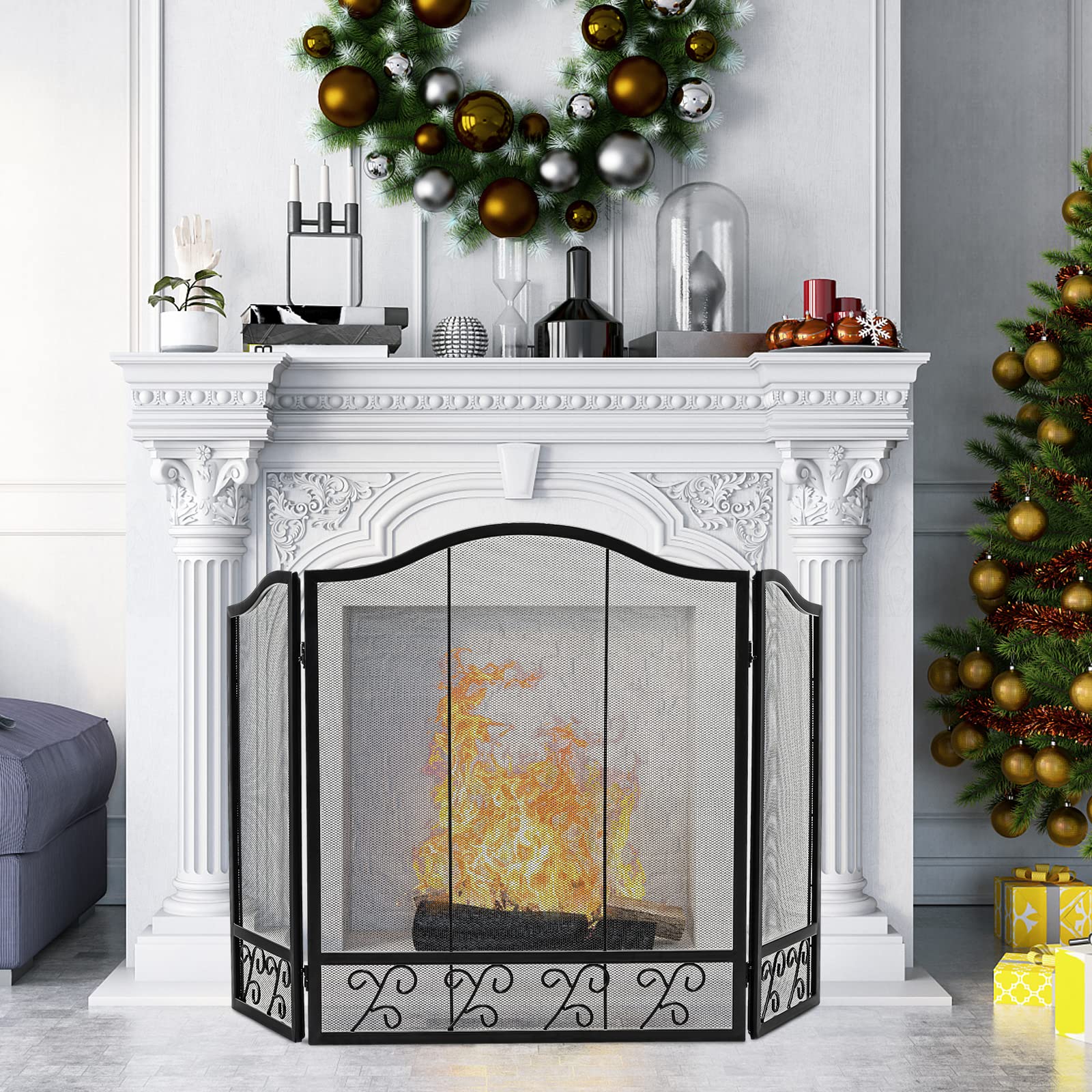 Giantex 3-Panel Folding Fireplace Screen Black - 50 x 31 Inch No Assembly Required Decorative Freestanding Steel Mesh Fire Screen