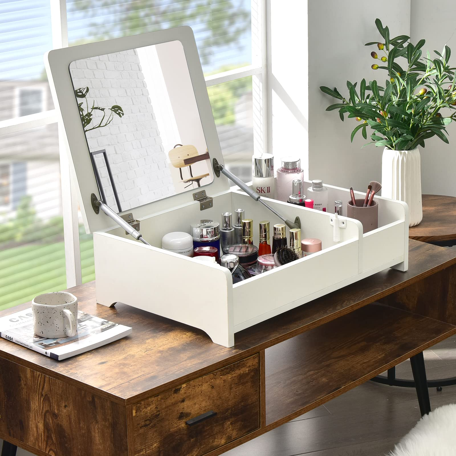 Countertop Vanity with Flip Top Mirror, 24inch Tabletop Laptop Desk with 2 Compartments Organizer