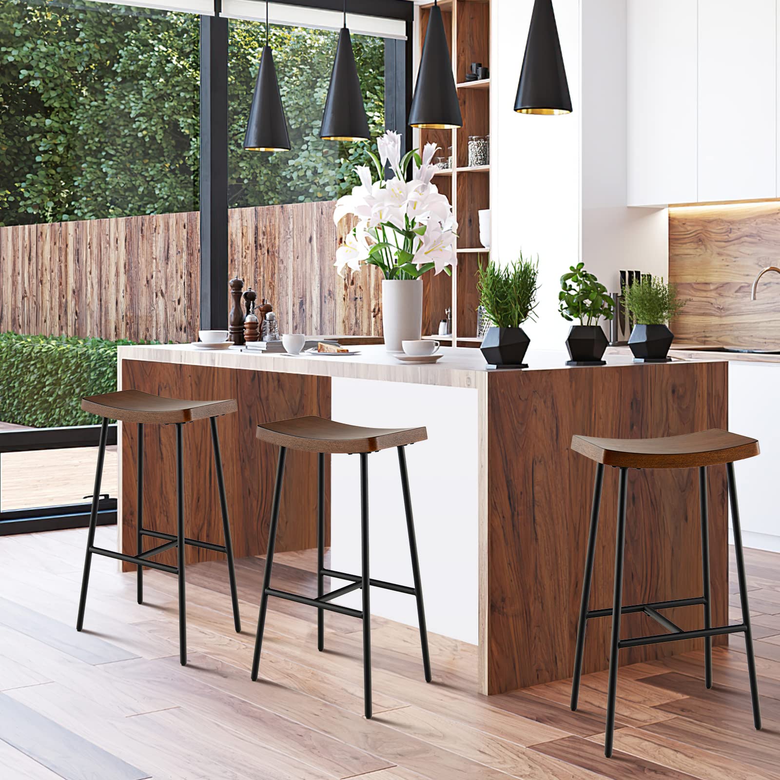 Industrial Saddle Stool with Footrest, Metal Legs, Adjustable Foot Pads, Backless Counter Height Chair for Living Room Kitchen Bar