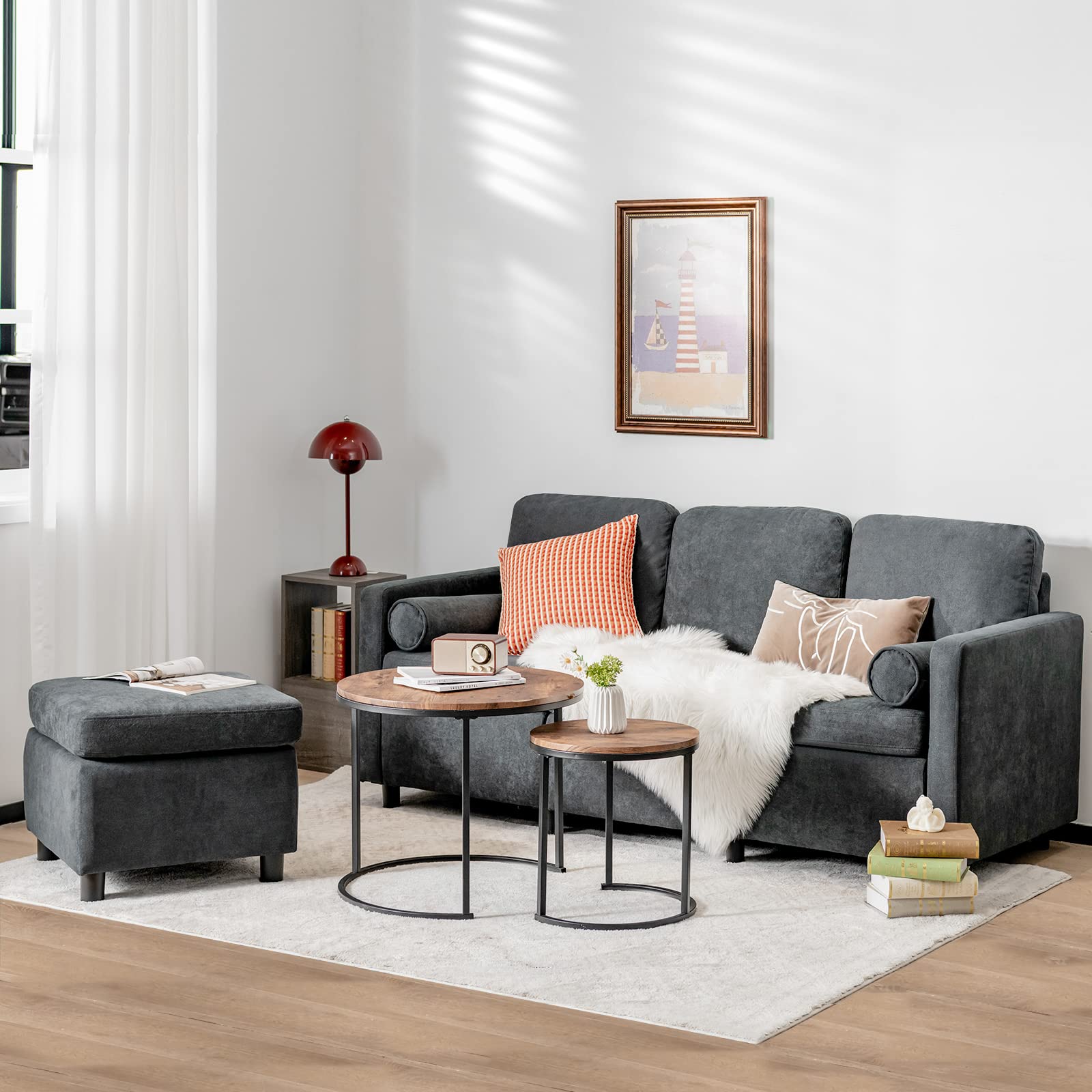 Giantex Sectional Sofa Set, Convertible L-Shaped Couch with Ottoman, 73" x 31.5" x 34" (Grey)