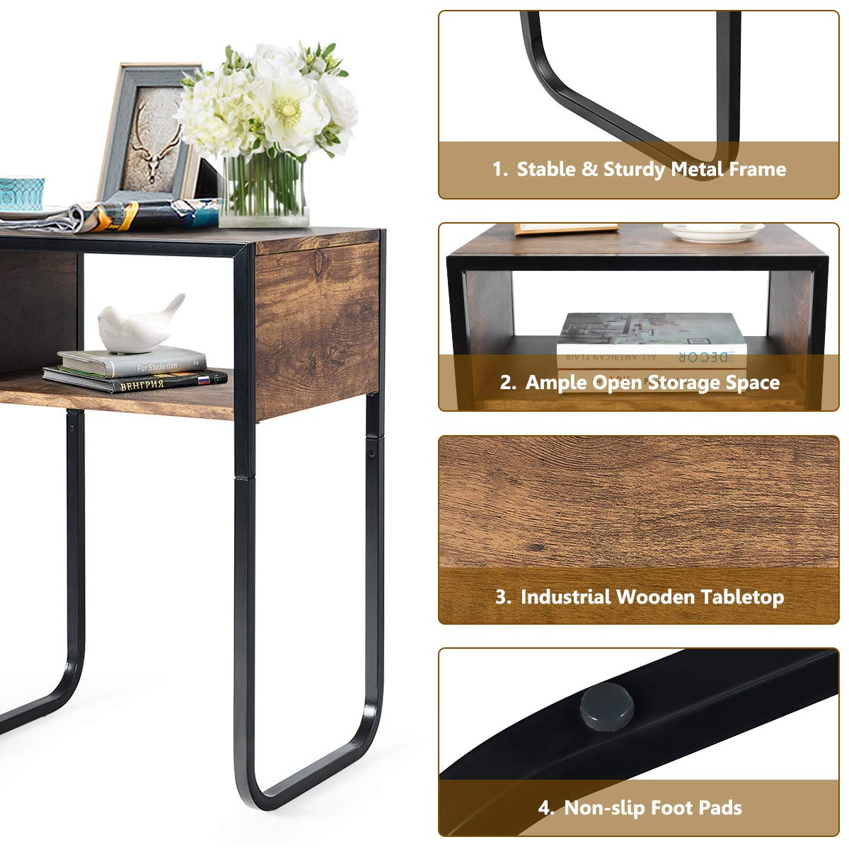 Giantex Side Table Industrial W/Drawer and Metal Frame (2, Rustic Brown)