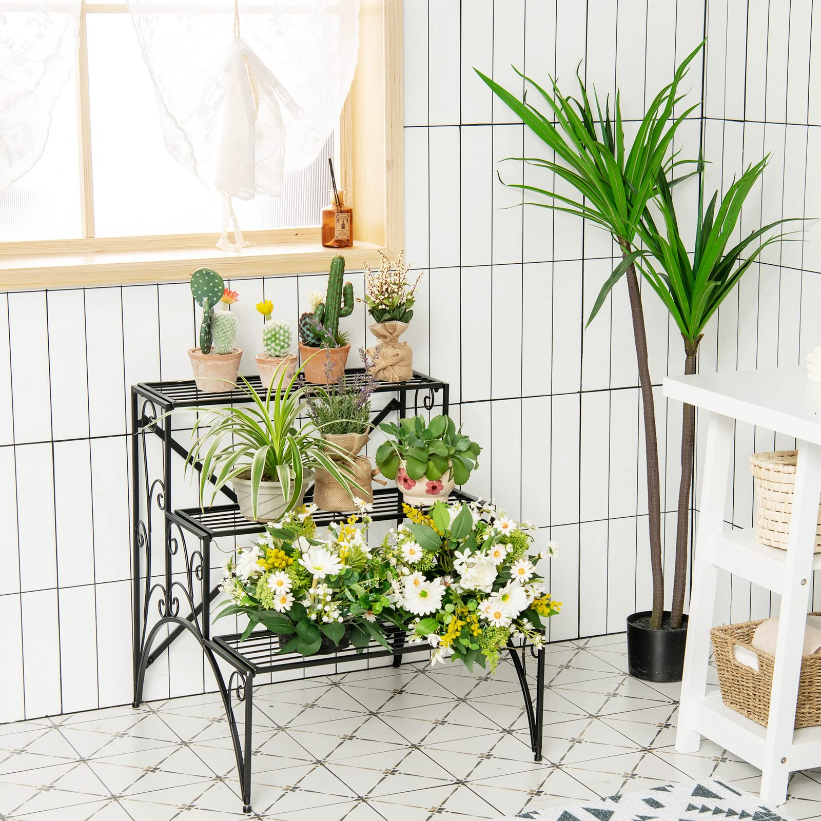 Ladder Style Flower Pot Stand with Widened Grid Shelf & Non-Slip Foot Pads, 3 Tier