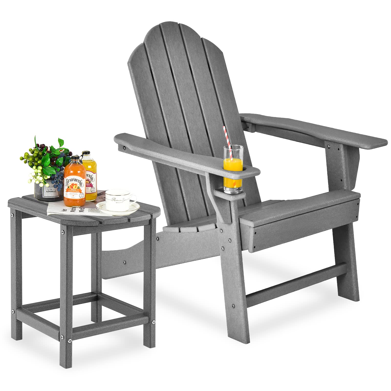 Adirondack Chair with Side Table, Outdoor Fire Pit Chair Set with End Table, White