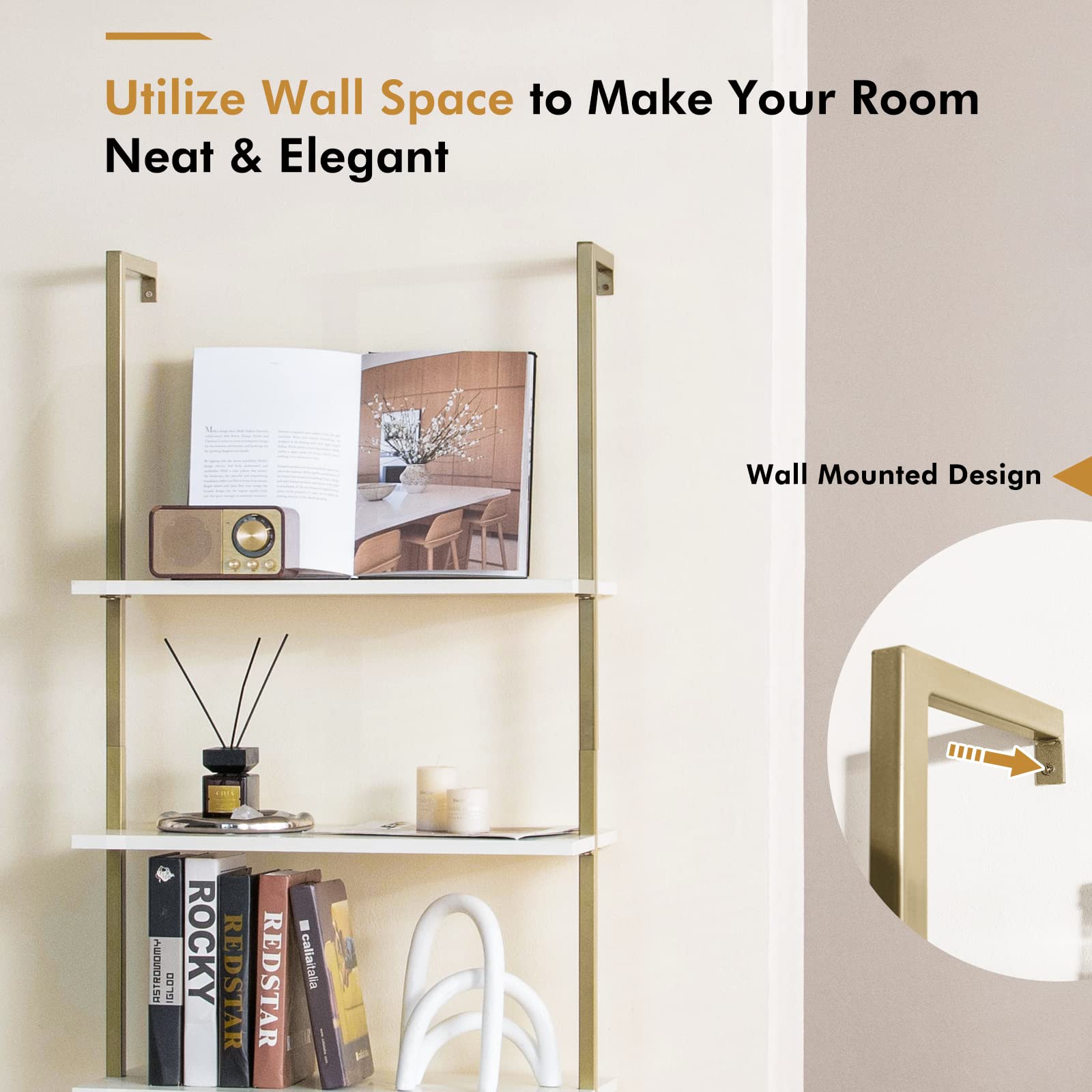 Giantex 5 Tier Modern Wall Mounted Bookshelf, 71'' White and Gold Wood Bookcase with Steel Frame