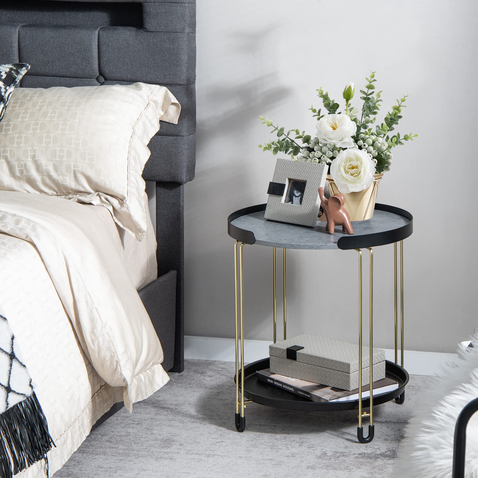 Giantex Modren Side Table, Faux Marble End Table with Golden Frame and Removable Tray