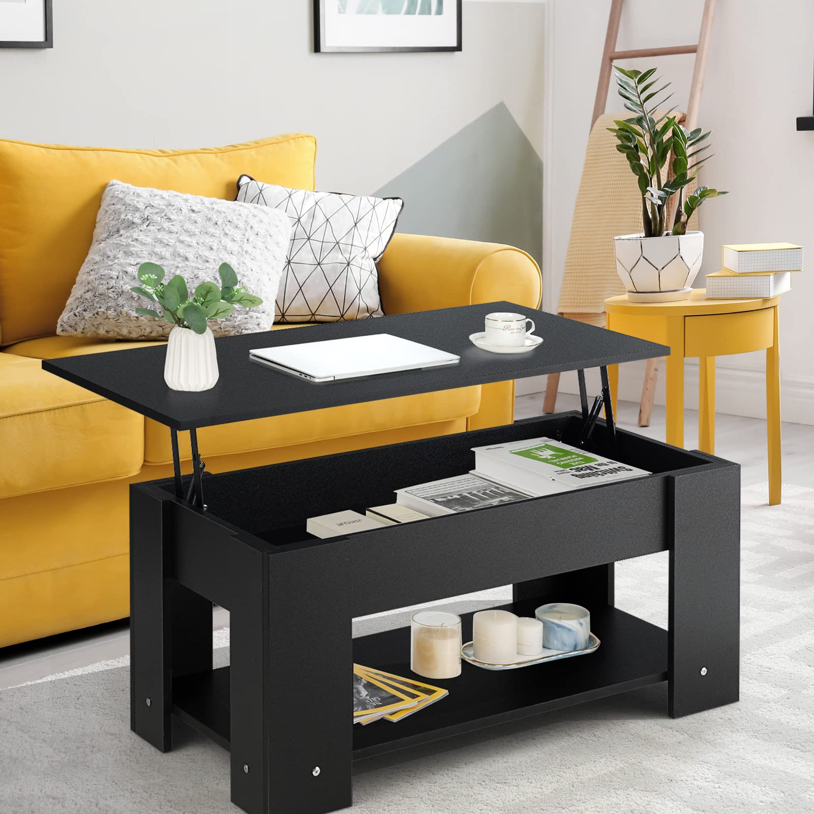 Giantex Lift Top Coffee Table, Modern Cocktail Table w/Hidden Compartment & Open Storage Shelf
