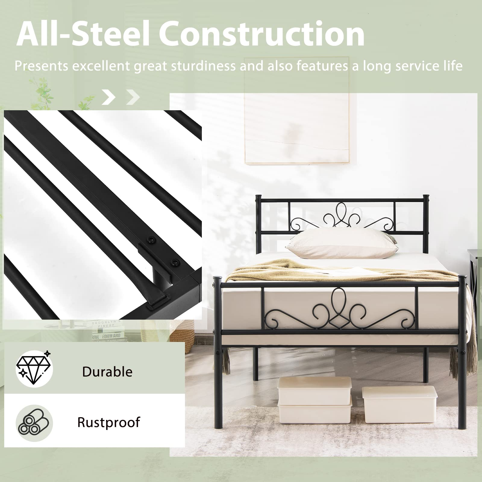 Mattress Foundation w/Heavy Duty Steel Slat Support, No Box Spring Needed