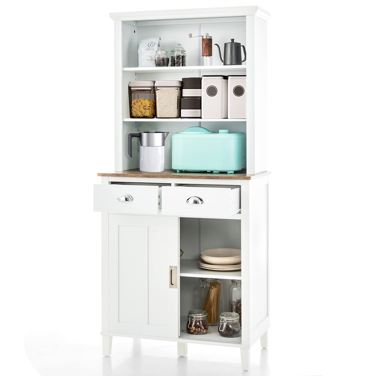 Giantex Buffet Cabinet with Storage Hutch, Tall Kitchen Sideboard, 67" Freestanding High Pantry (White)