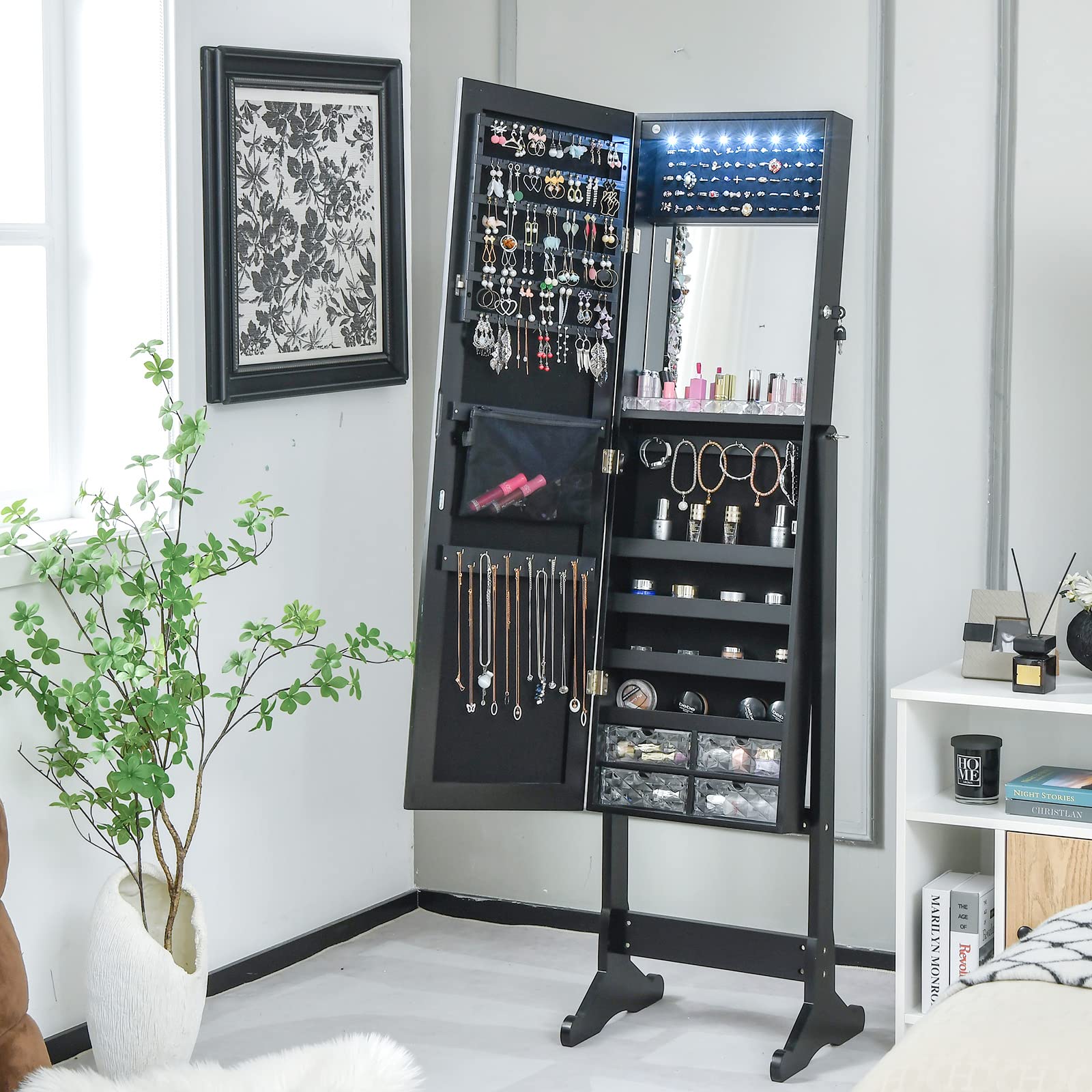 CHARMAID 6 LEDs Jewelry Cabinet Armoire with High Full length Mirror, Lockable Standing Jewelry Organizer Storage with lipstick Tray