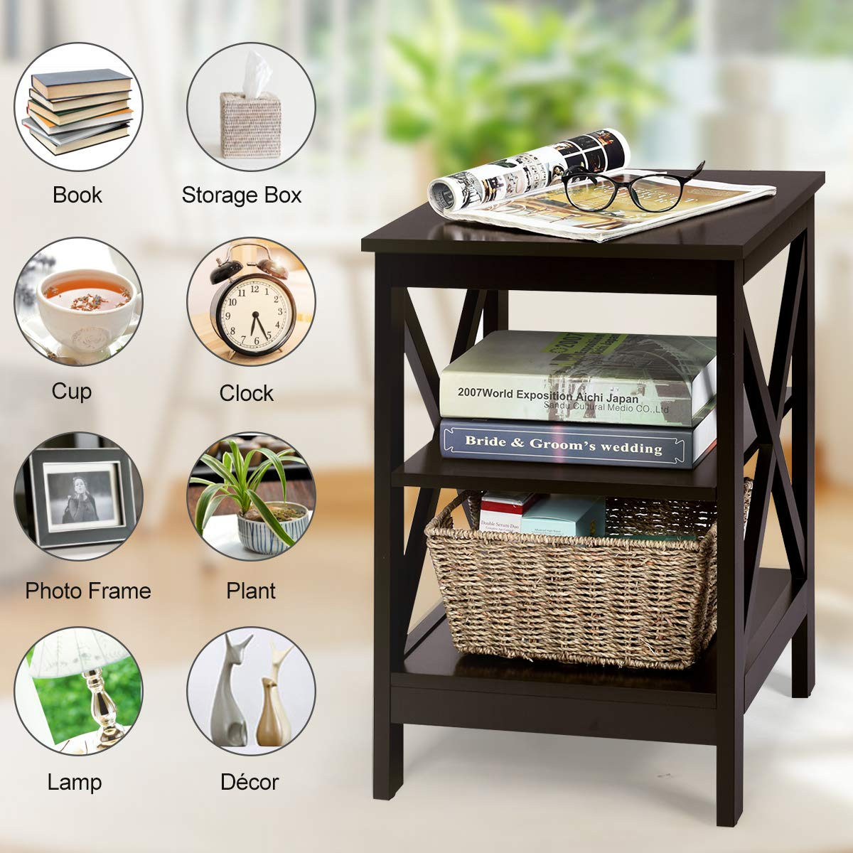 Nightstand 3-Tier X-Design W/Storage Shelves and Stable Structure Storage Organizer Display Sofa Side Table