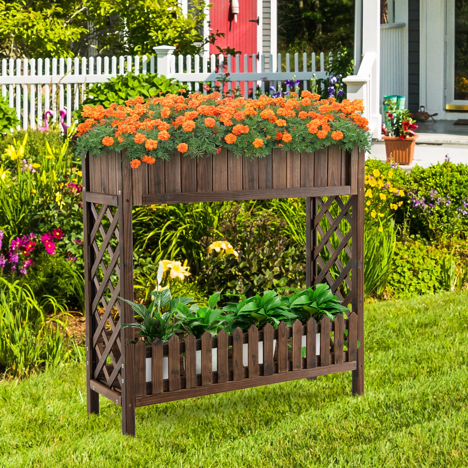 Giantex Planter Raised Bed, Elevated Potted Plant Rack(Brown)