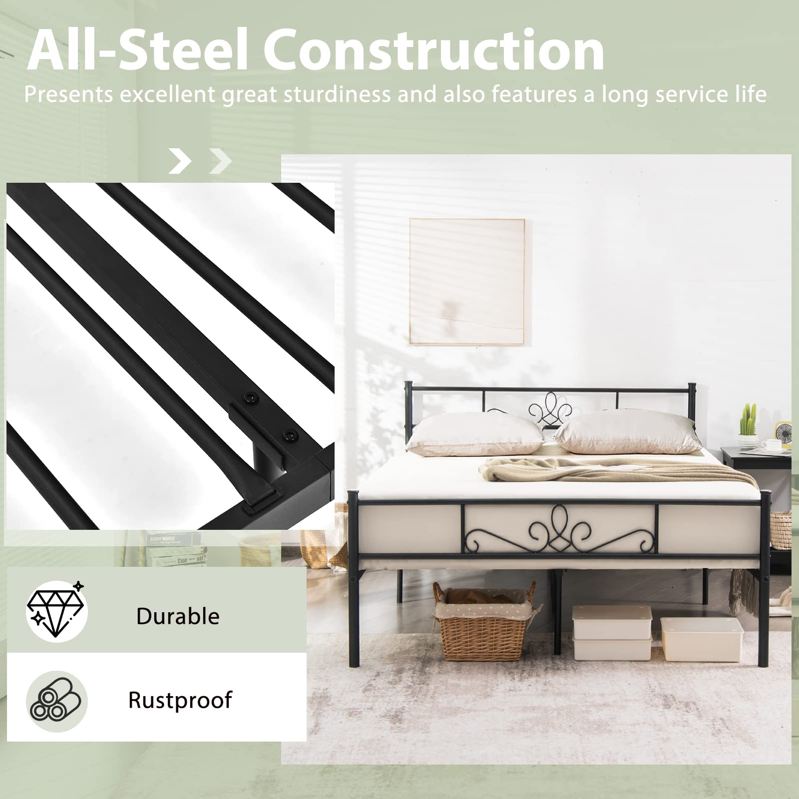 Mattress Foundation w/Heavy Duty Steel Slat Support, No Box Spring Needed
