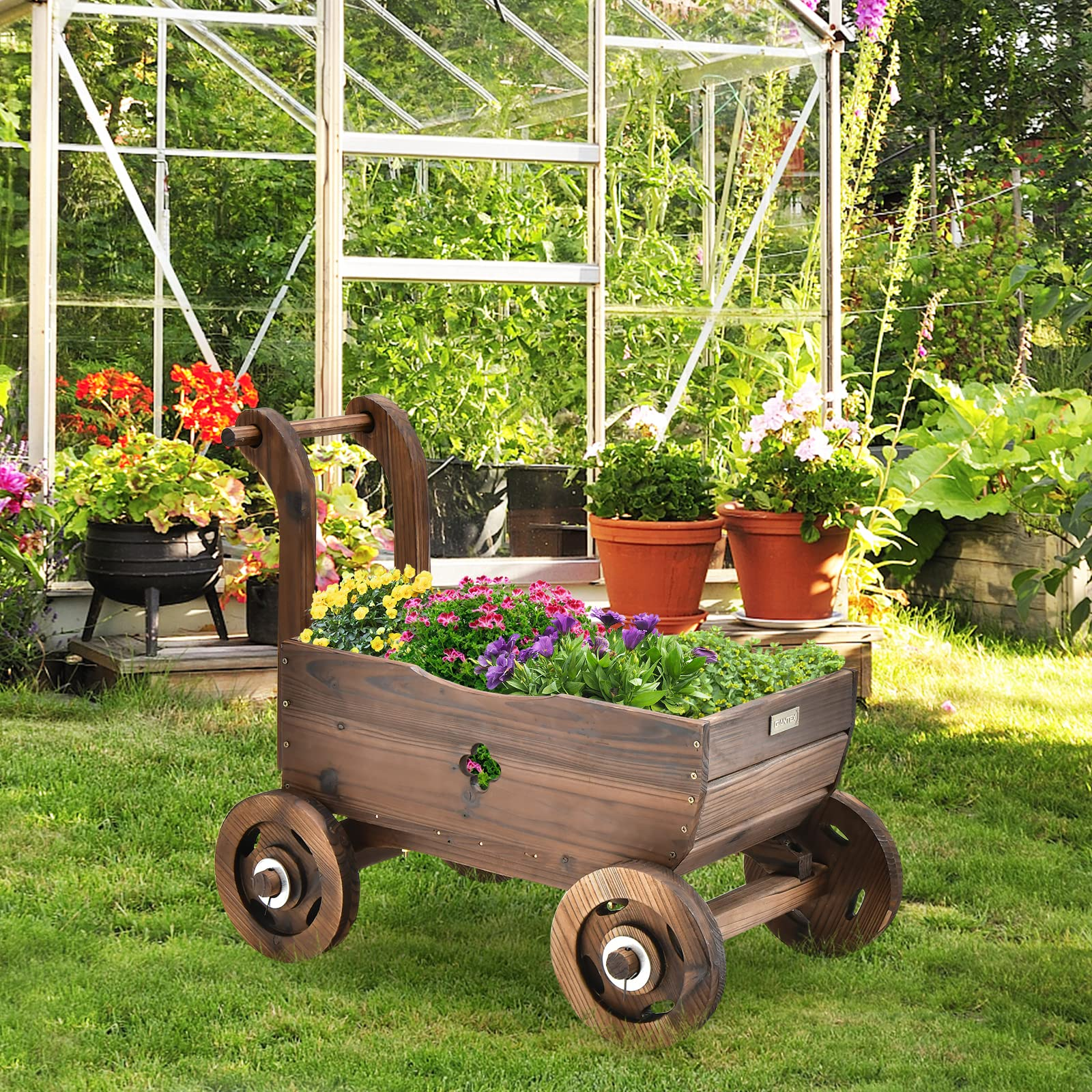 Giantex Wooden Wagon Planter Raised Bed on Wheels, Handle, Drainage Hole