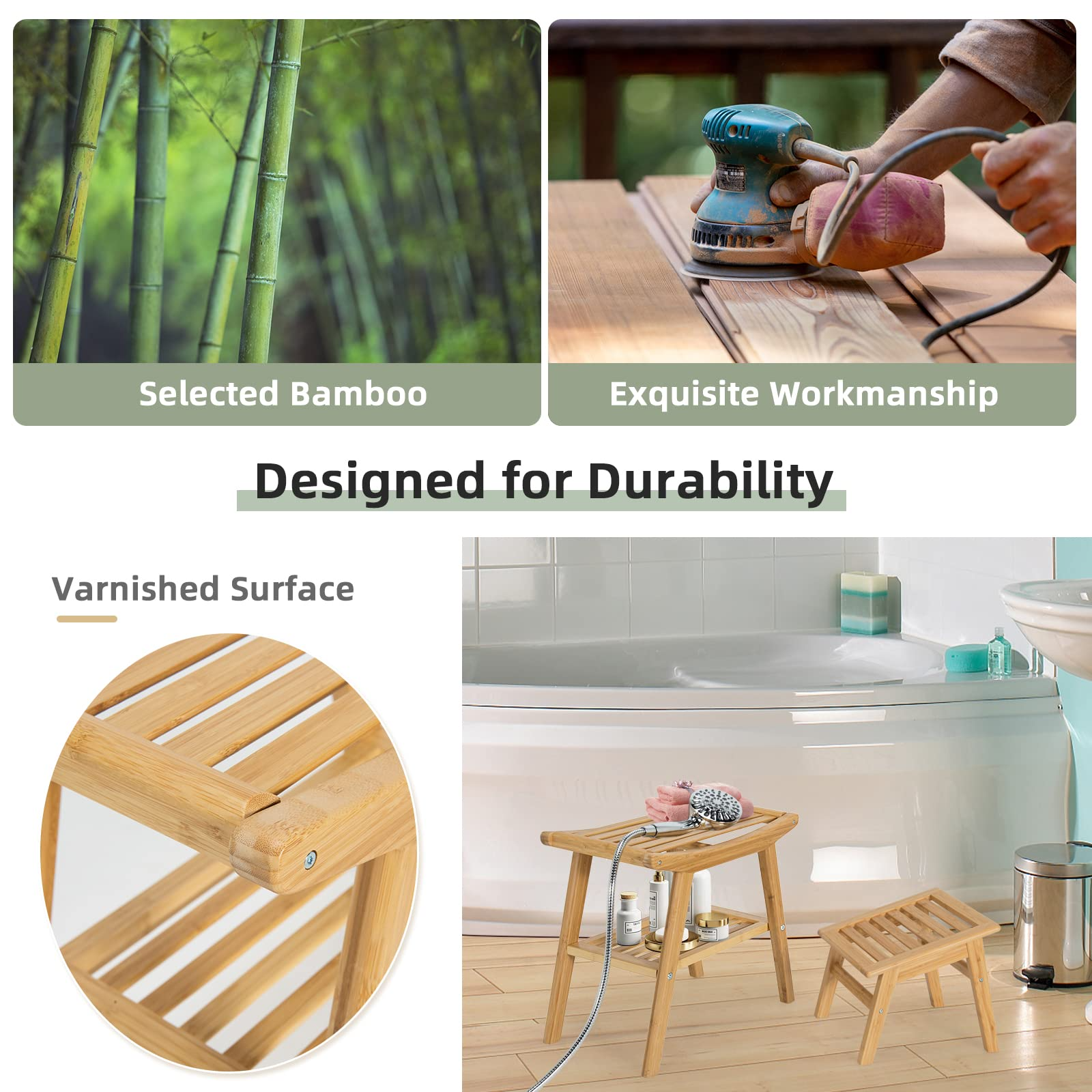 Bamboo Shower Bench with Foot Stool, Shower Seat Bench with Underneath Storage Shelf
