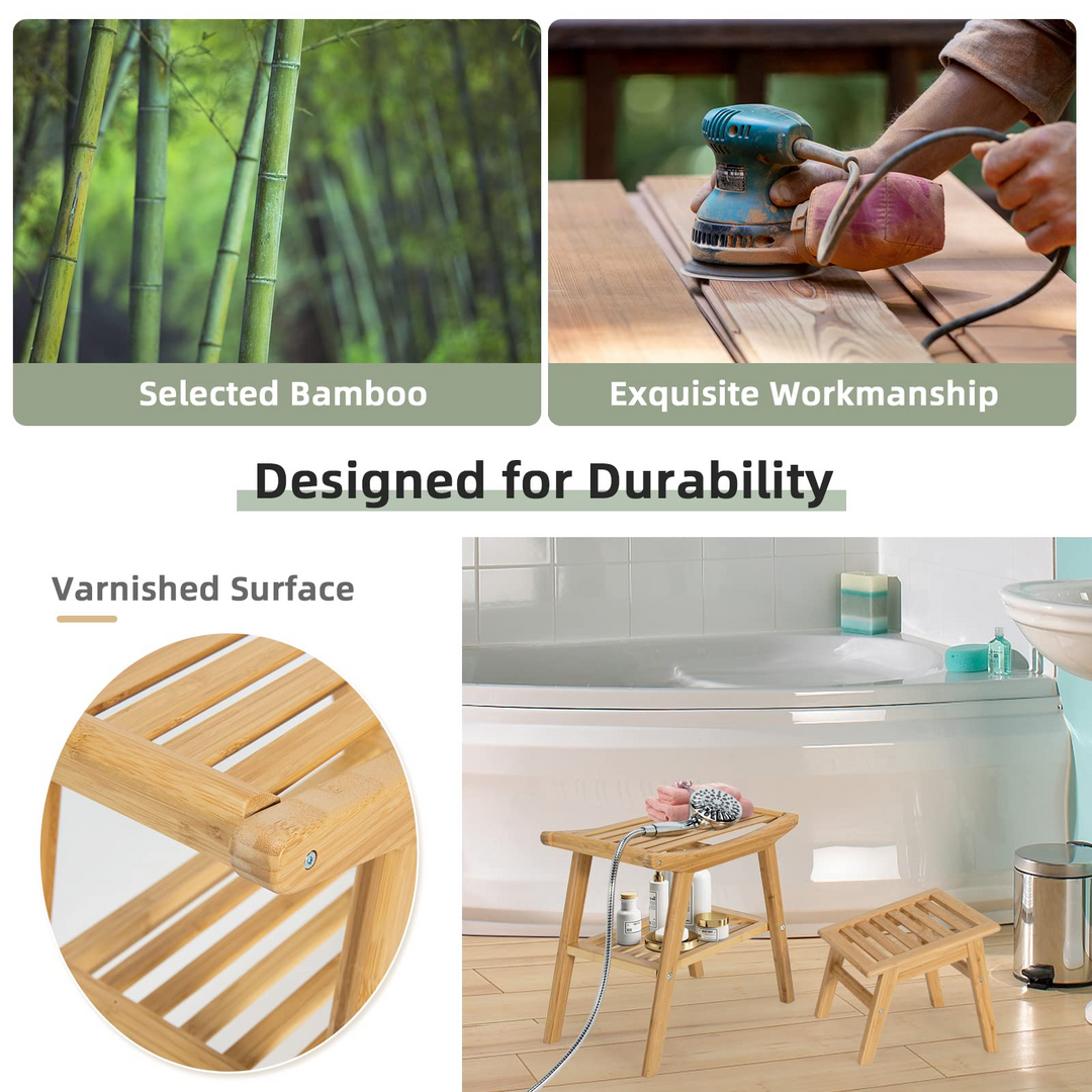 Bamboo Shower Bench with Foot Stool, Shower Seat Bench with Underneath Storage Shelf