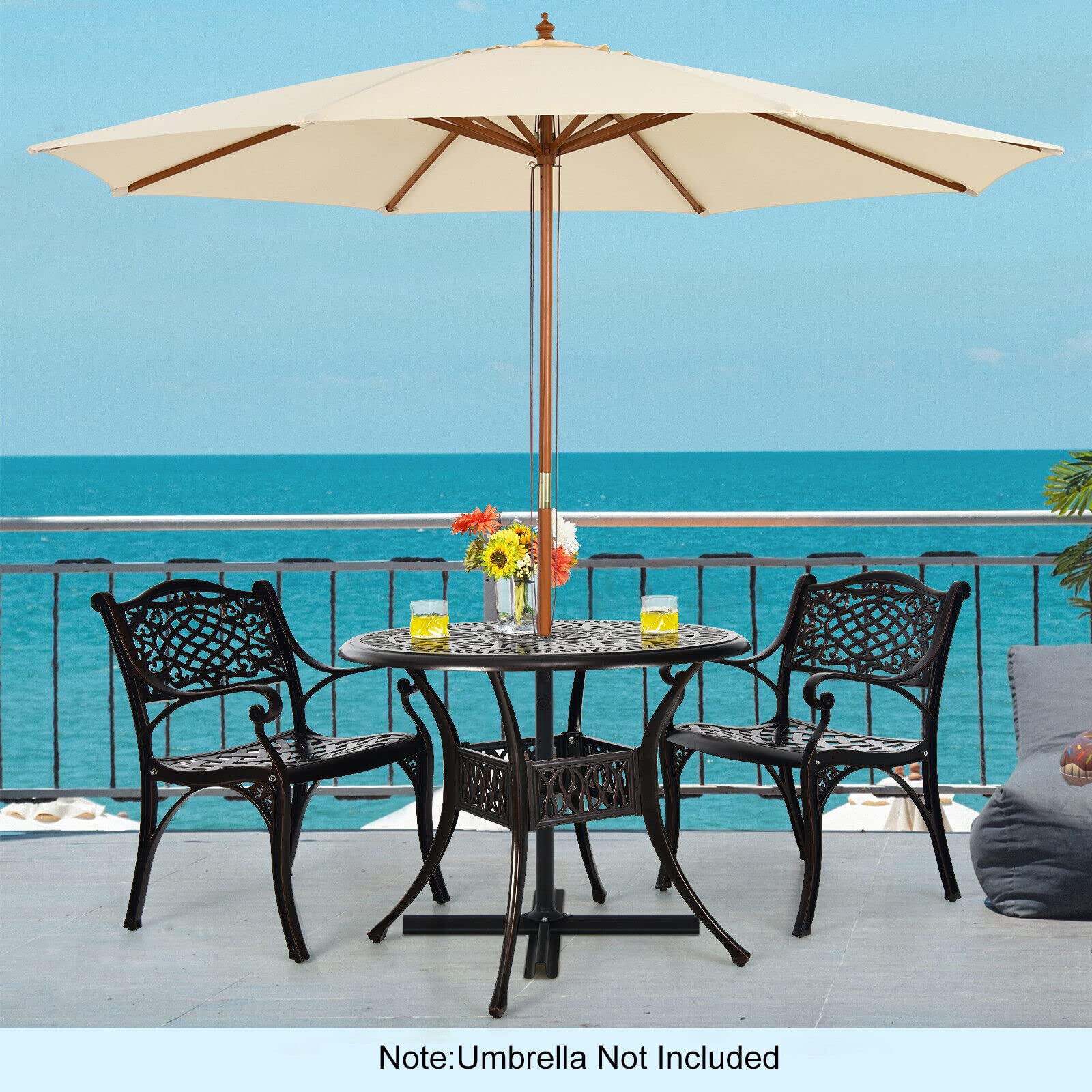 Giantex 3 Pcs Patio Bistro Set, Cast Aluminum Outdoor Dining Set,Round Patio Table with Umbrella Hole, 2 Patio Chairs