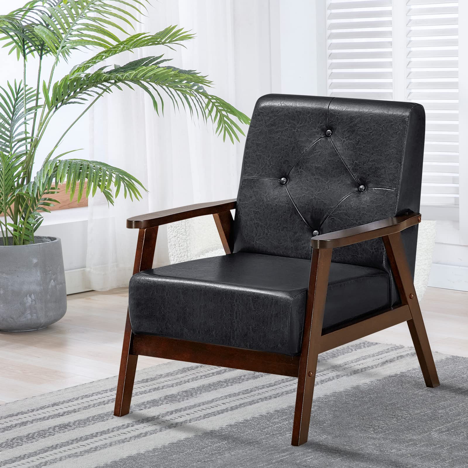 Giantex Accent Chair, Mid Century Living Room Chair, Black PU Leather Armchair