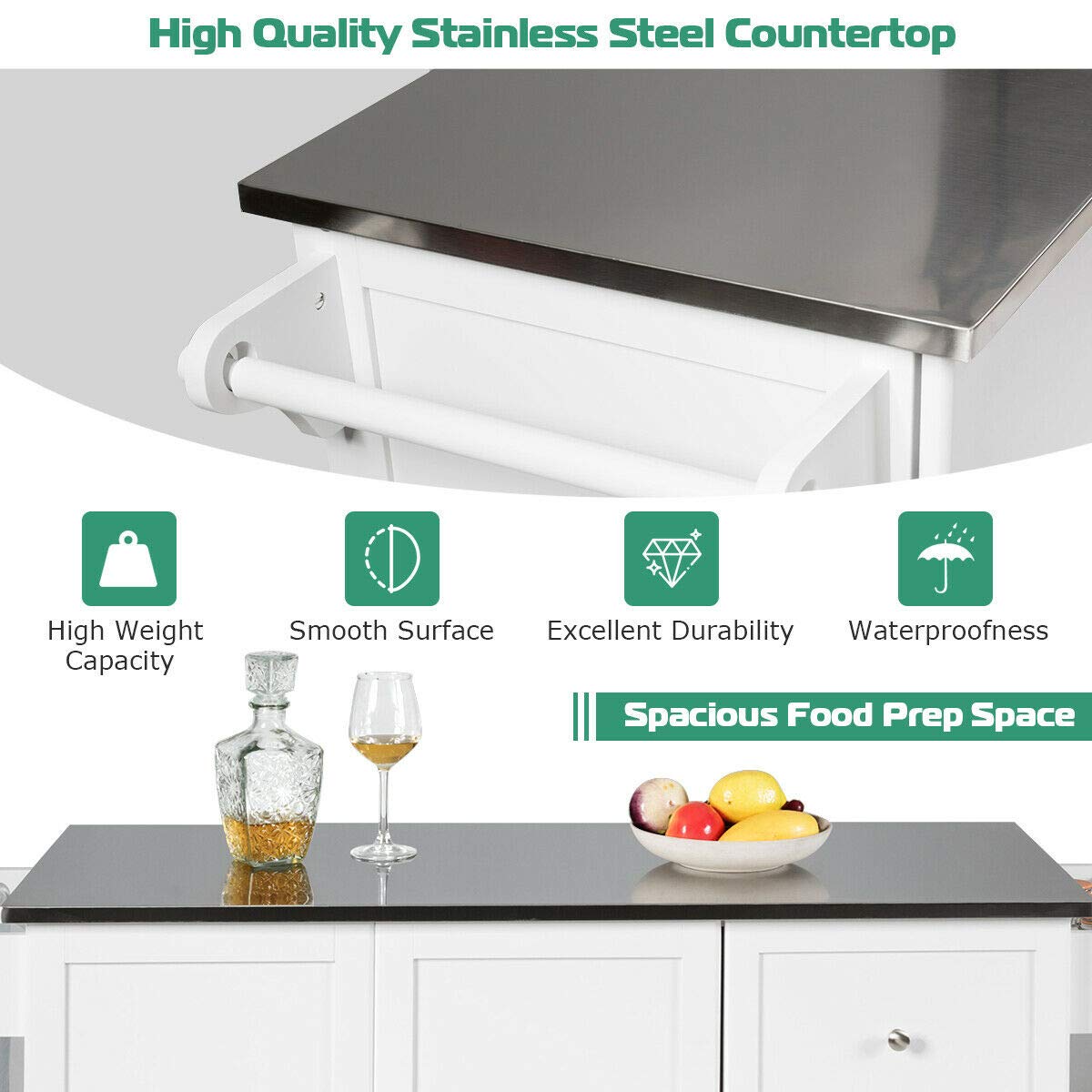 Giantex Kitchen Island with Stainless Steel Countertop, Dark Brown