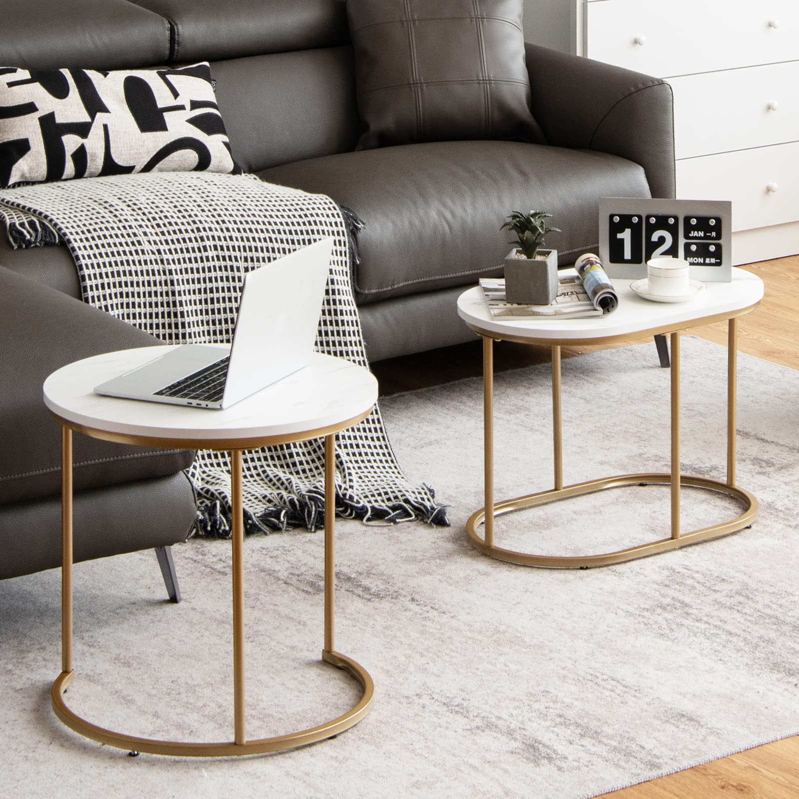 Giantex Modern Nesting Coffee Table Set of 2, Accent Marble Look Stacking Side Table for Living Room Bedroom