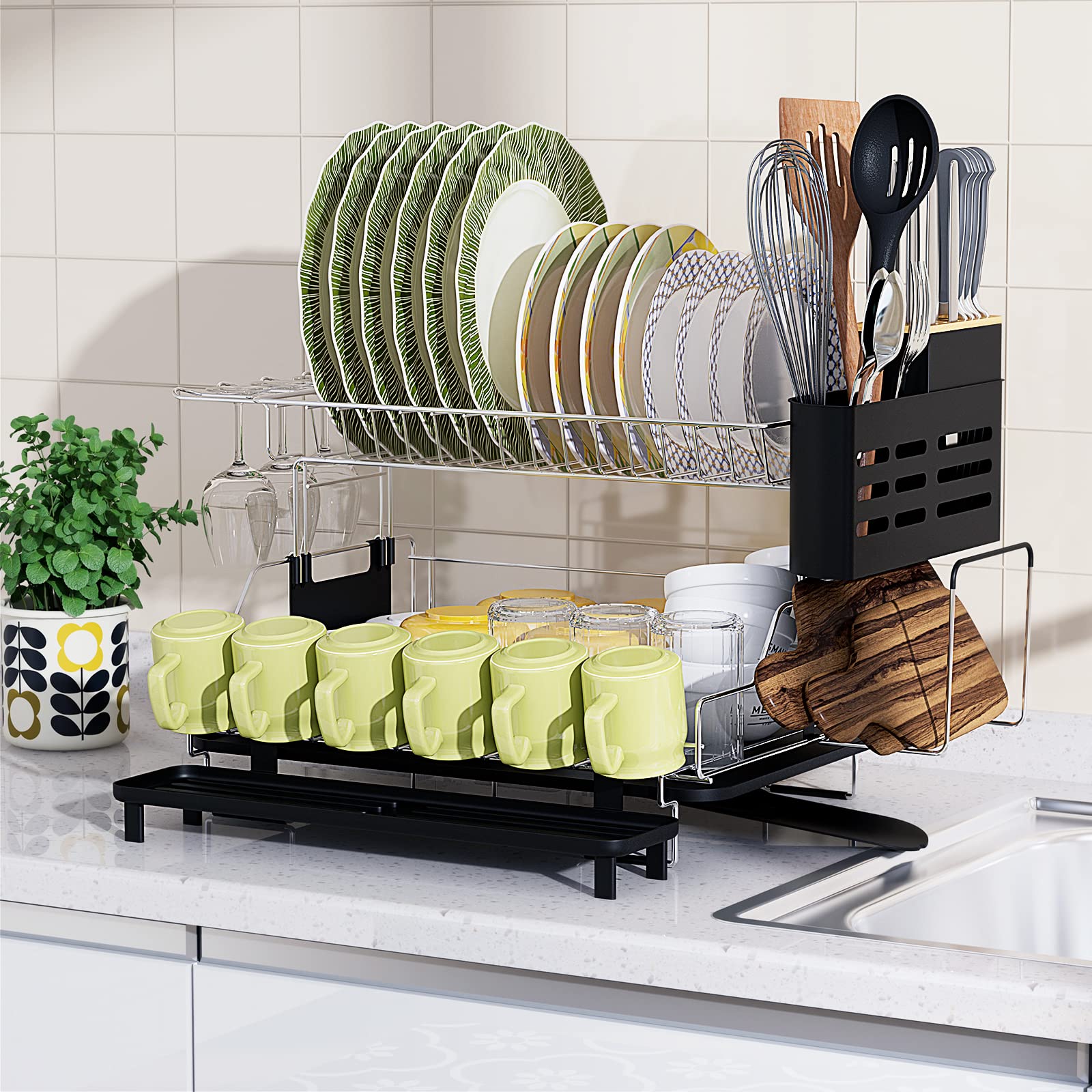 Giantexus Giantex Stainless Steel Dish Rack, Expandable Dish Drainer Rack with Cutlery Cup Glass Holder