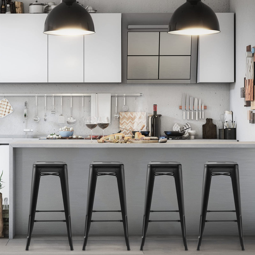 Bar Stools Set of 4, 24” or 30" Stackable Metal Stools with Square Seat & Handing Hole, X-shaped Reinforced Design