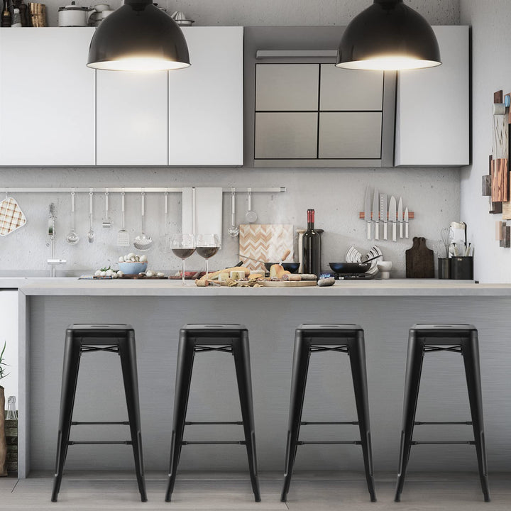 Bar Stools Set of 4, 24” or 30" Stackable Metal Stools with Square Seat & Handing Hole, X-shaped Reinforced Design