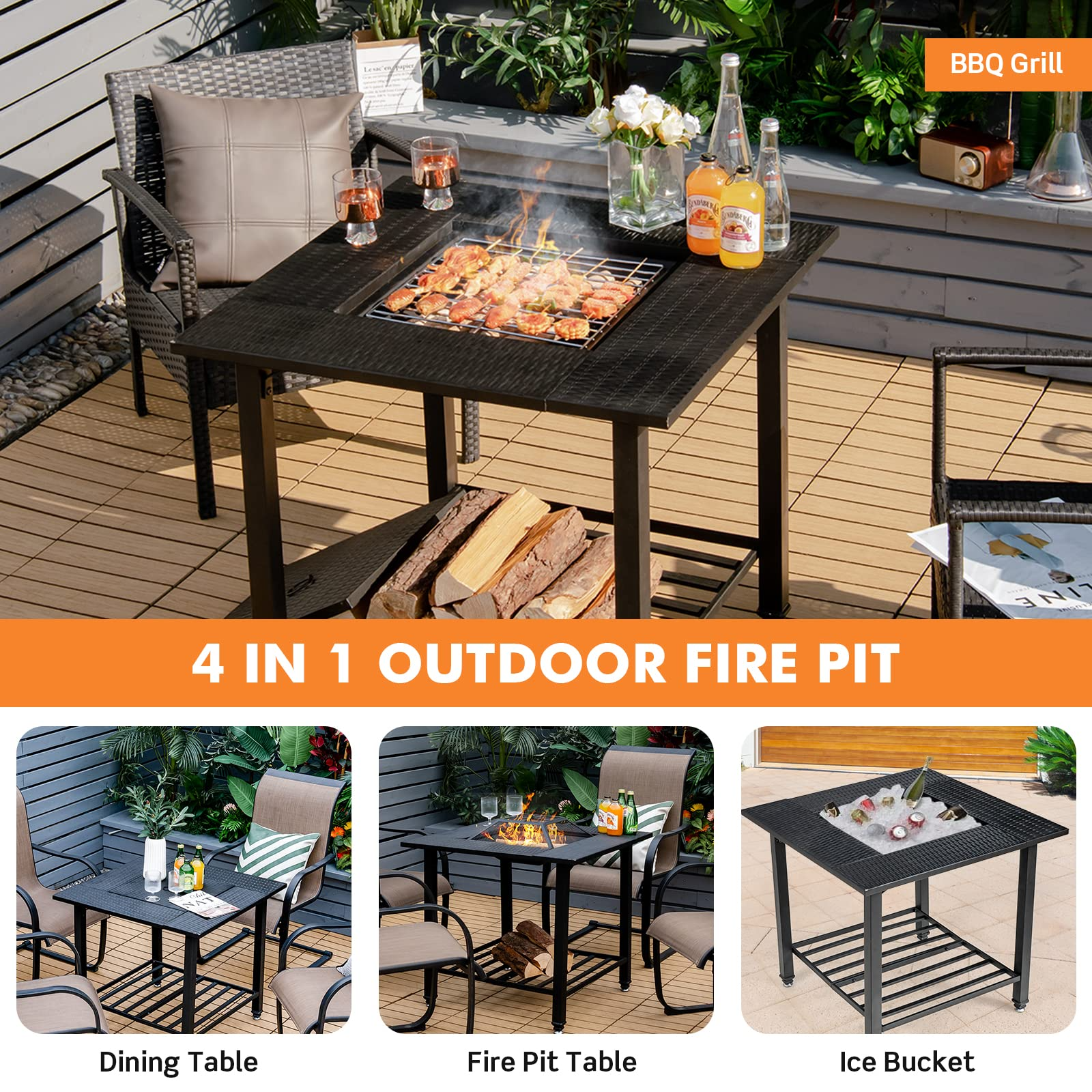 4-in-1 Wood Burning Fire Pit, Square Firepit Table with Mesh Cover