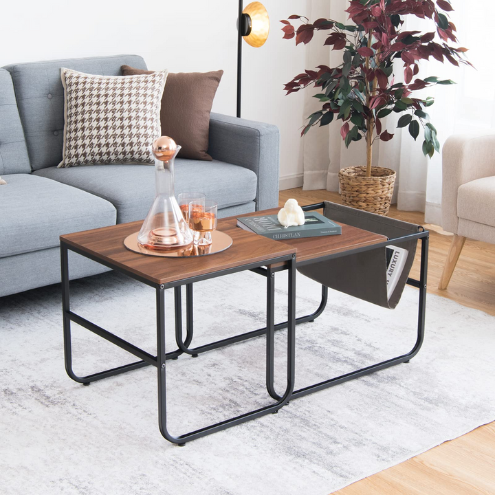 Nesting Coffee Table Set of 2, Stackable Side Table w/Side Pocket